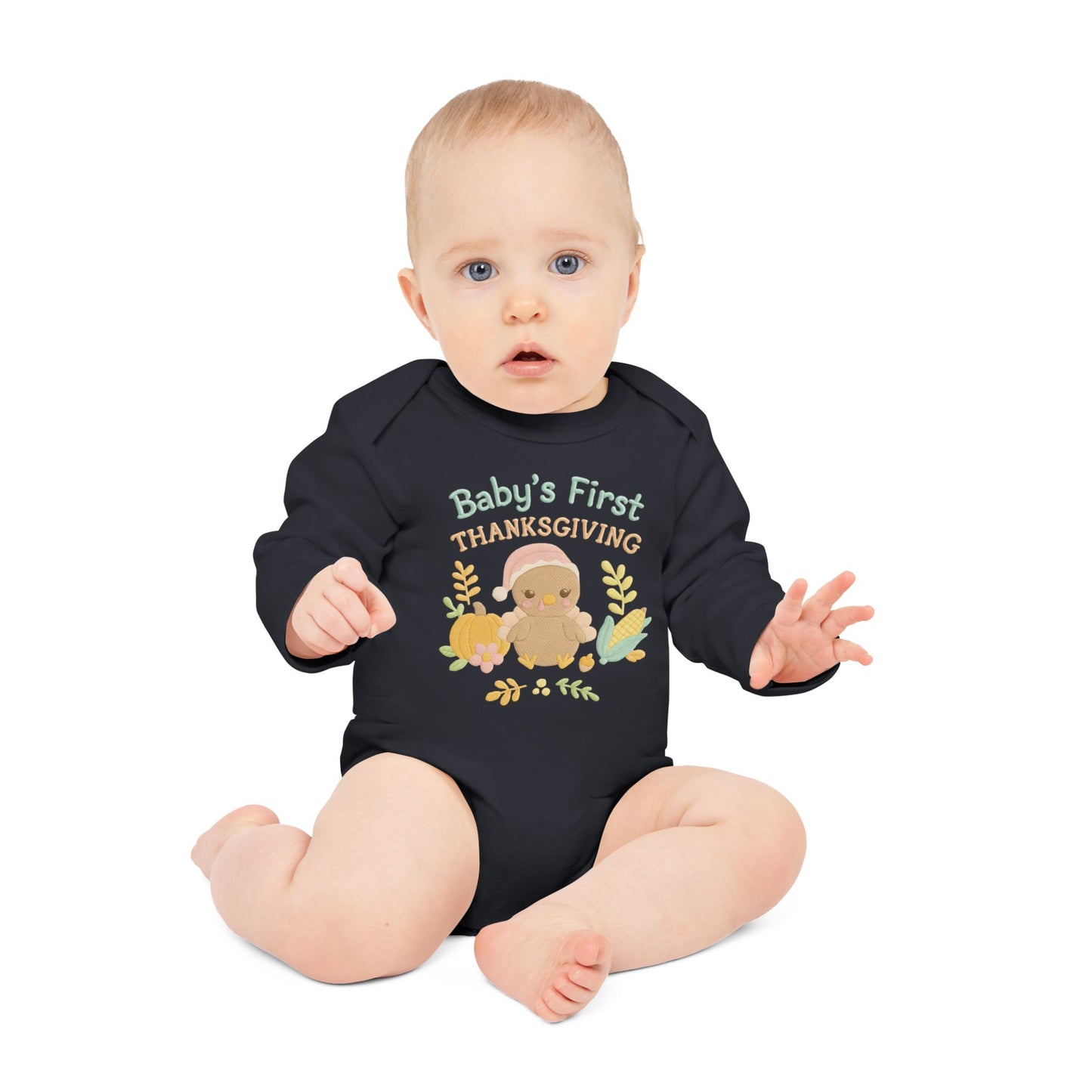 Baby Bodysuit — "Baby's First Thanksgiving" Long-Sleeve Organic Onesie with Cute Turkey & Pumpkin Design