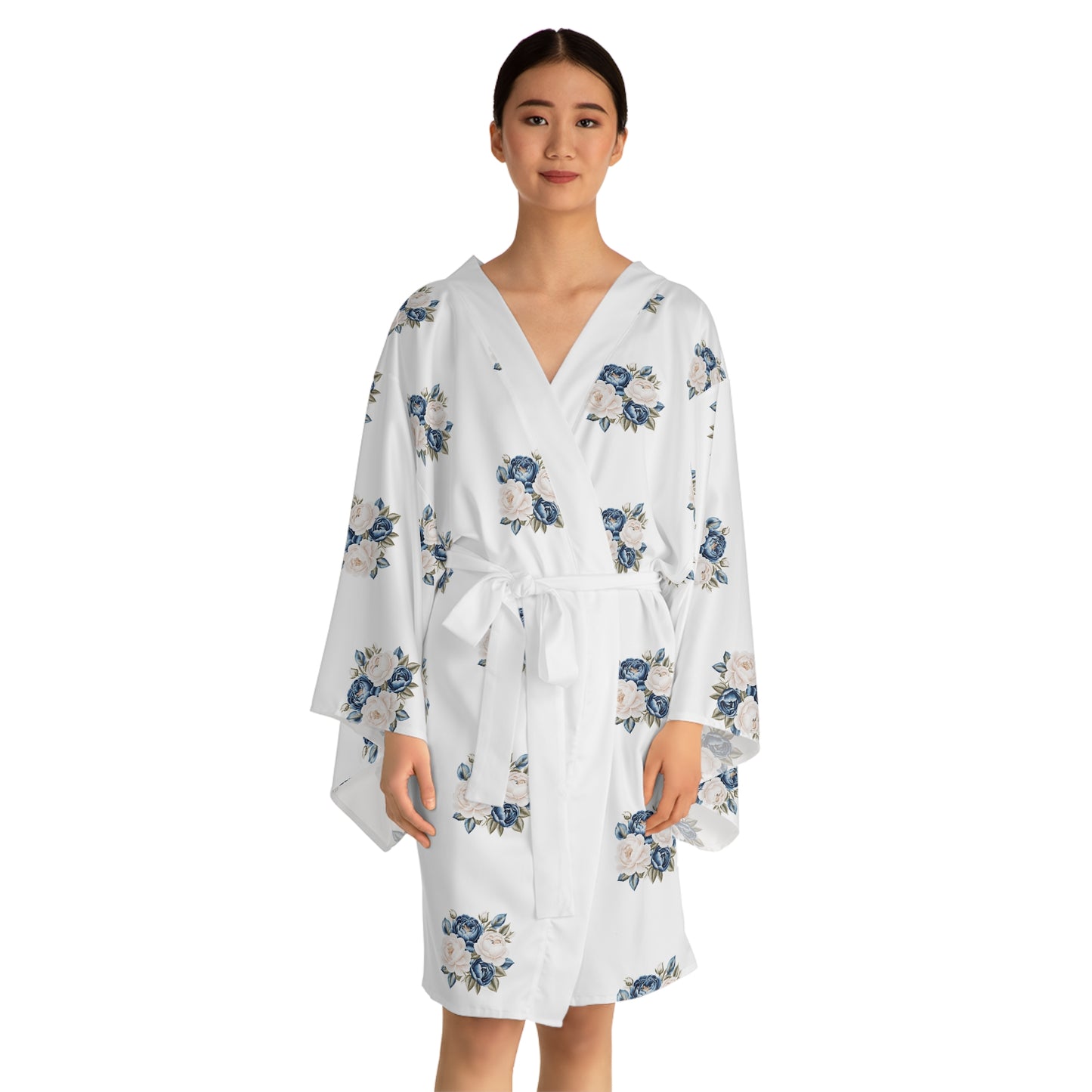 Cream and Blue Flowers Matching Long Sleeve Kimono Robe