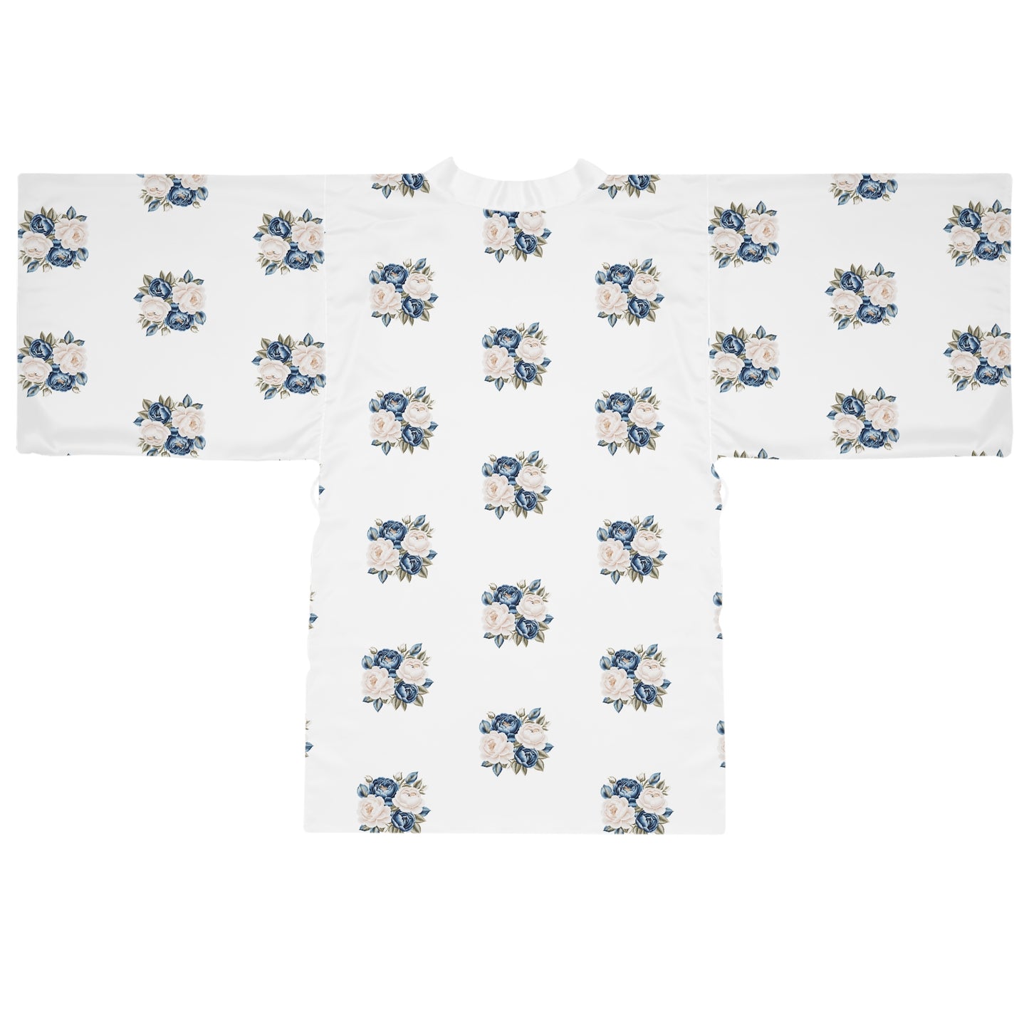 Cream and Blue Flowers Matching Long Sleeve Kimono Robe