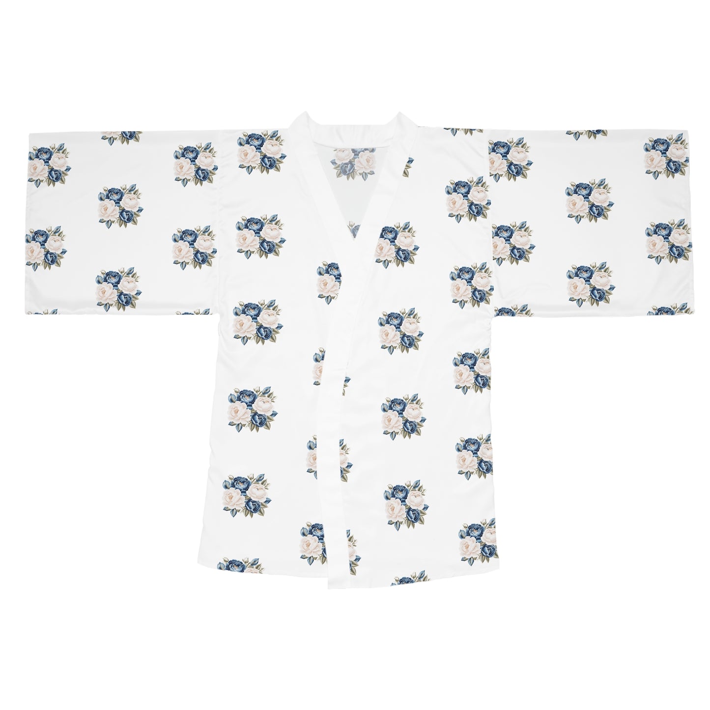 Cream and Blue Flowers Matching Long Sleeve Kimono Robe