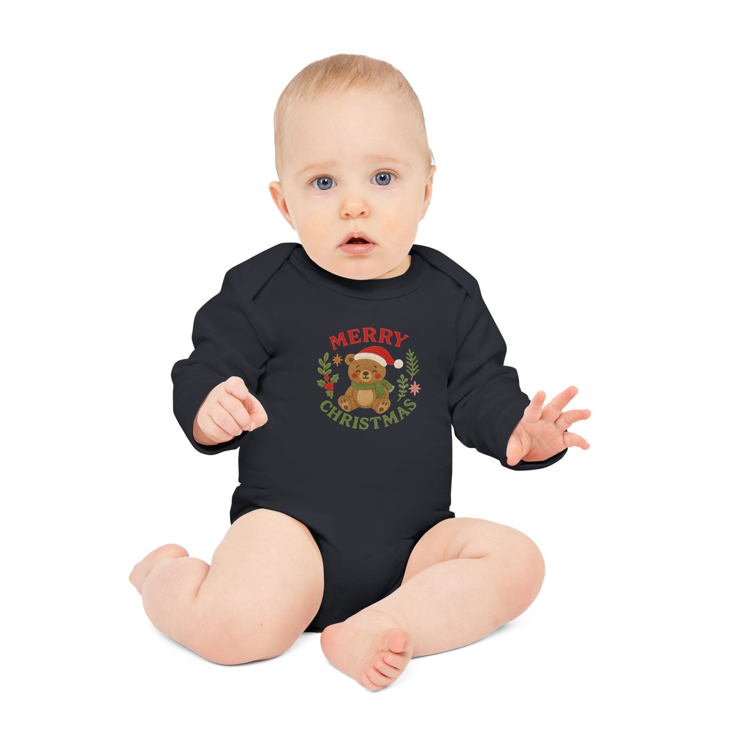 Baby Bodysuit — 'Merry Christmas' Bear Holiday Long-Sleeve Organic Onesie