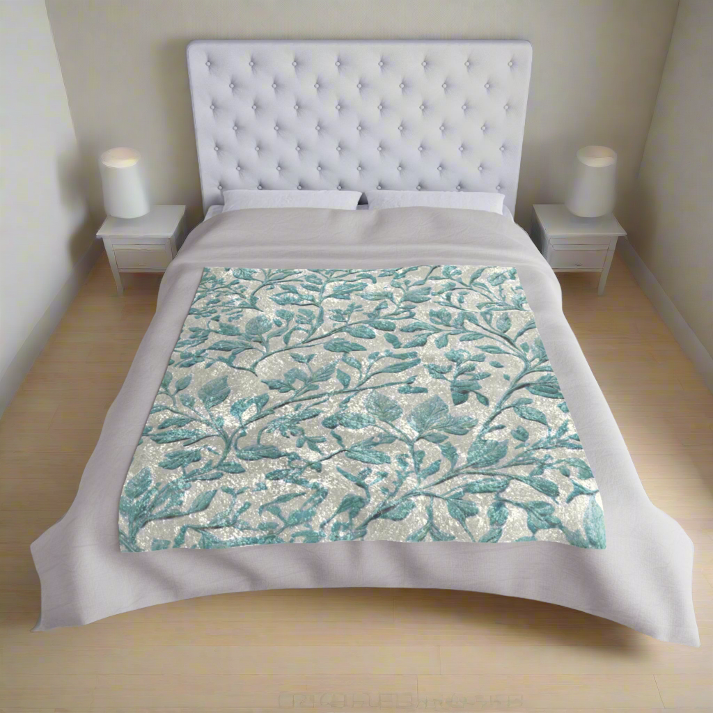 Light Blue Foliage Crushed Velvet Blanket