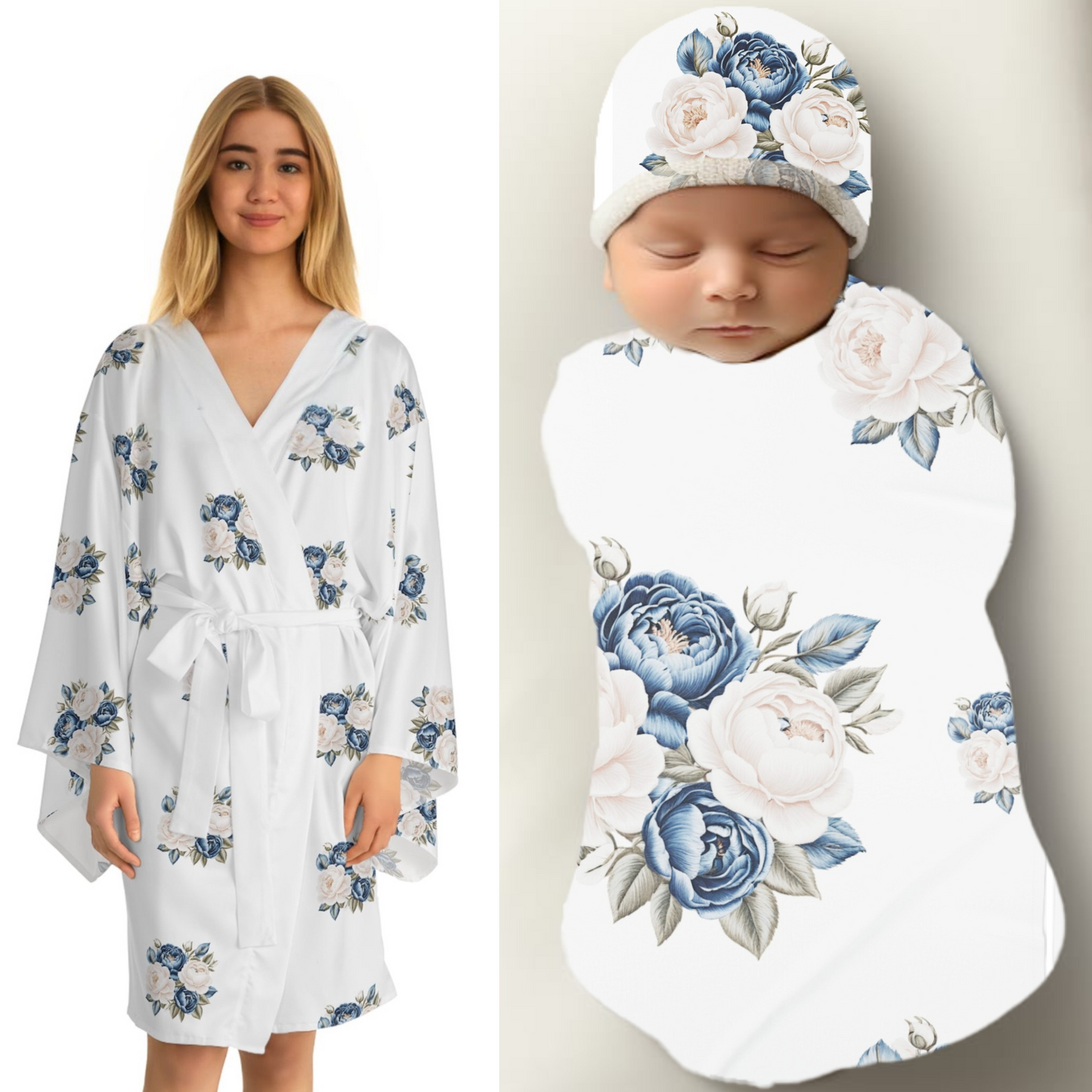 Cream and Blue Roses Baby Swaddle Blanket