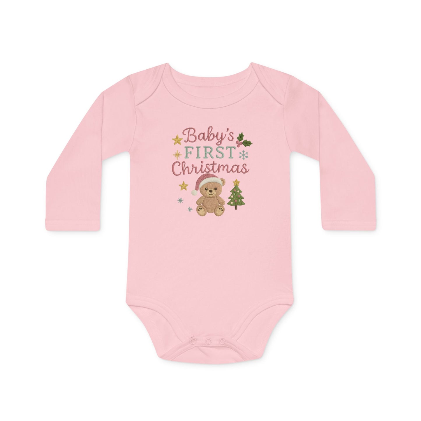 Baby Bodysuit — "Baby's First Christmas" Organic Long-Sleeve Onesie with Teddy & Tree Holiday Design