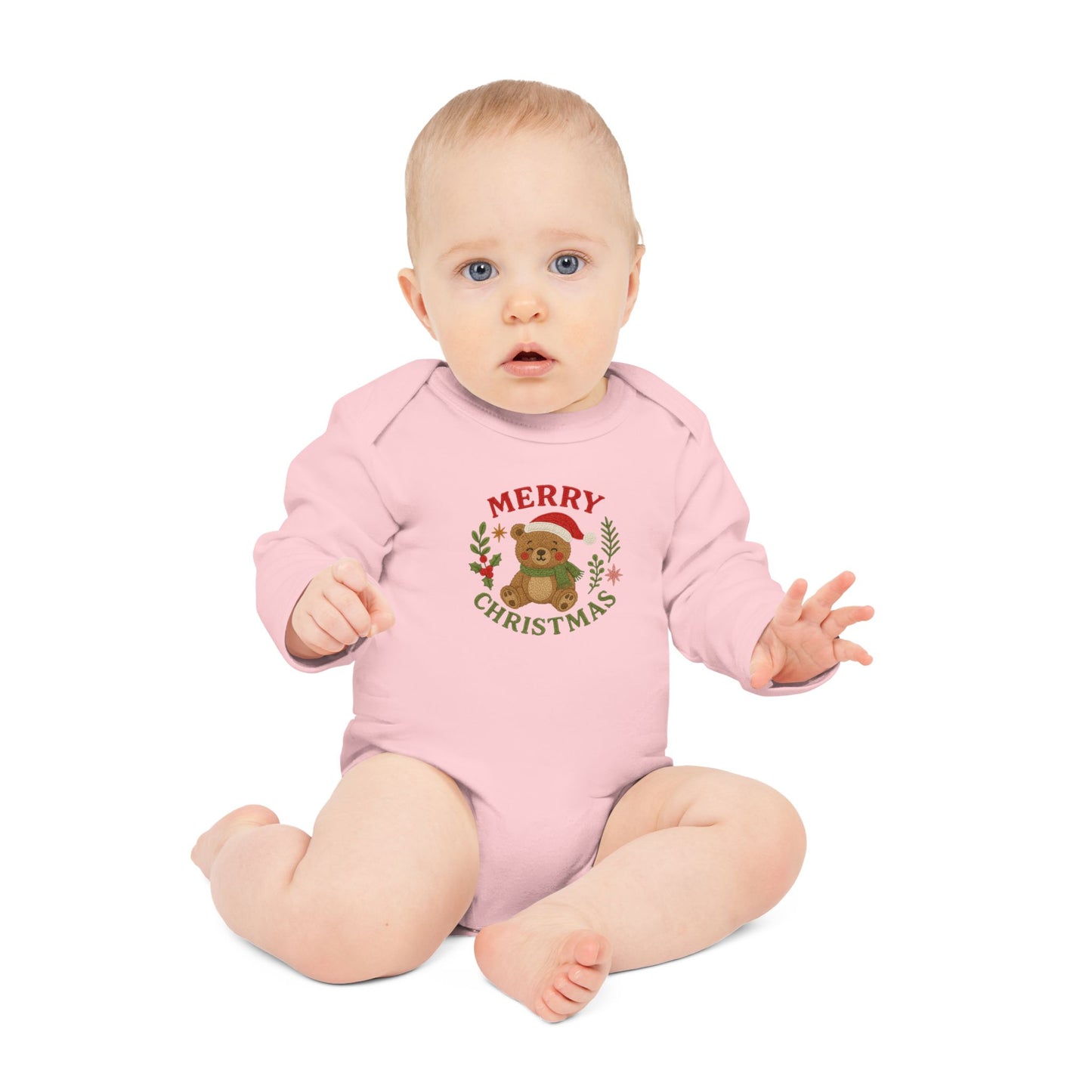 Baby Bodysuit — 'Merry Christmas' Bear Holiday Long-Sleeve Organic Onesie