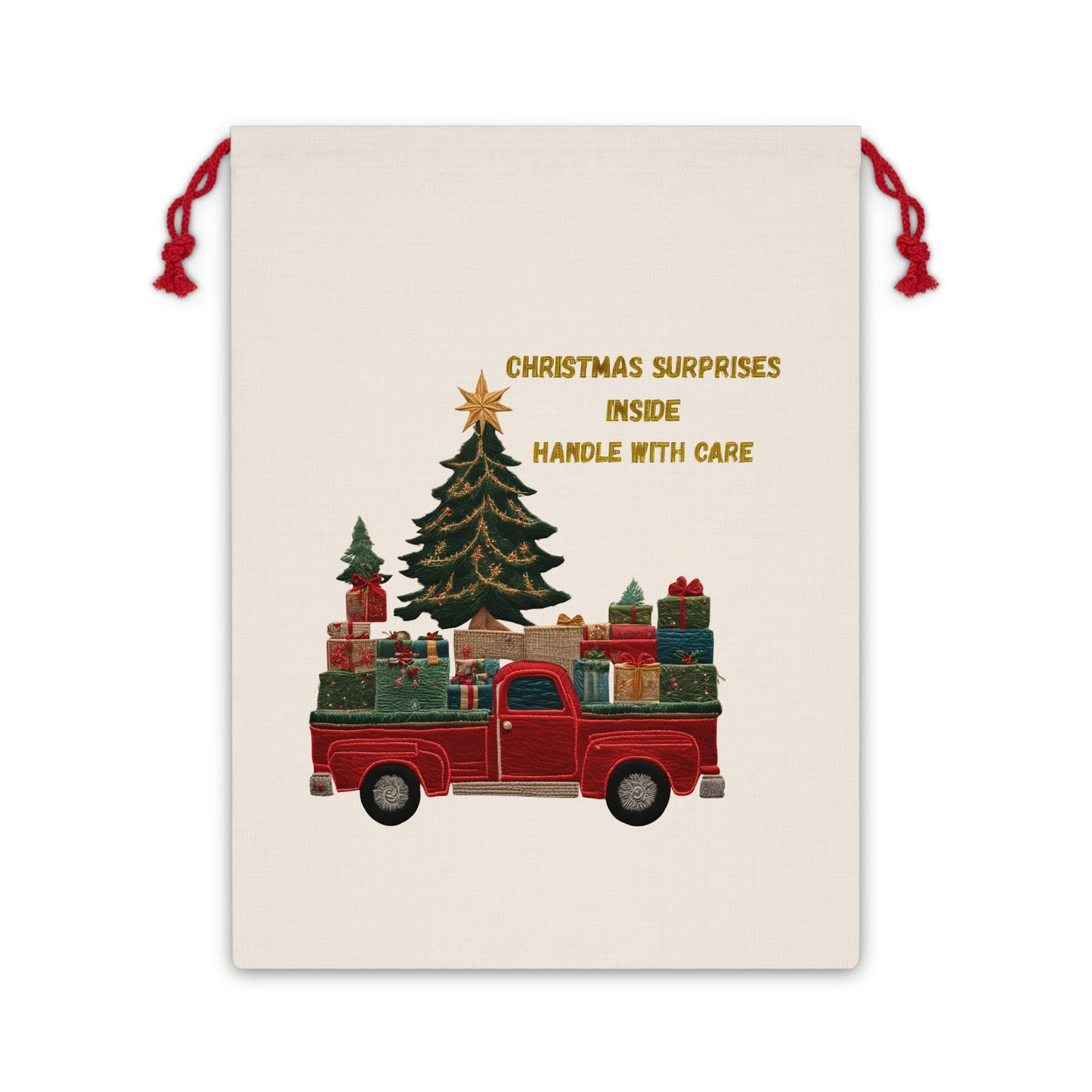 Christmas Truck Gift Bag — "Christmas Surprises Inside Handle With Care" Holiday Drawstring Bag