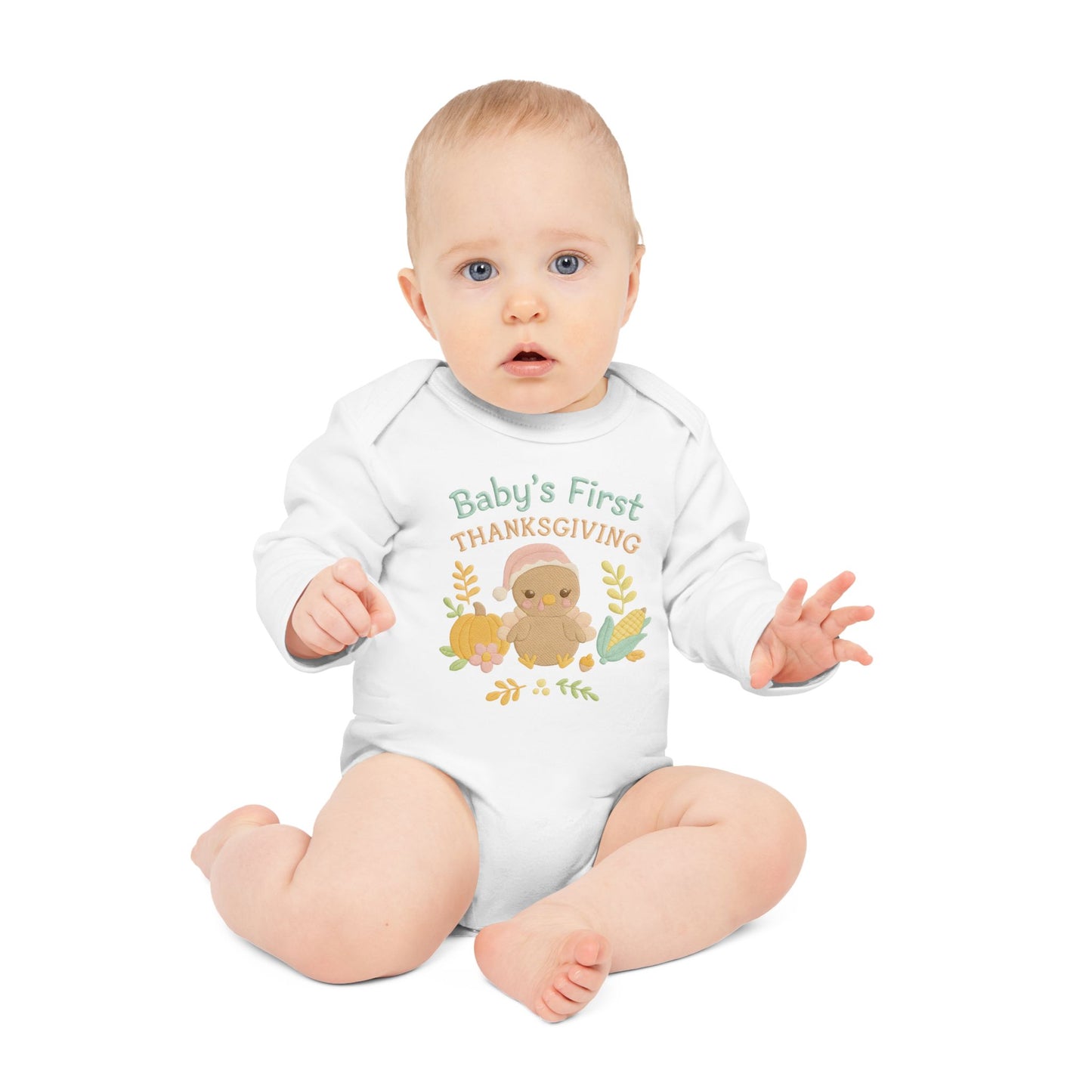 Baby Bodysuit — "Baby's First Thanksgiving" Long-Sleeve Organic Onesie with Cute Turkey & Pumpkin Design