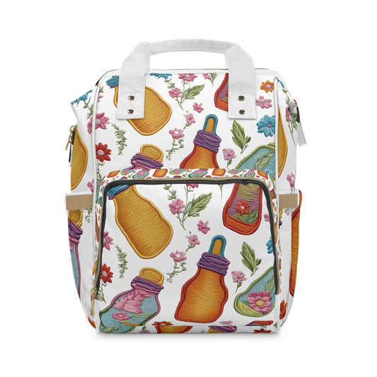 Whimsical Milk Bottles and Flowers Multifunctional Diaper Backpack