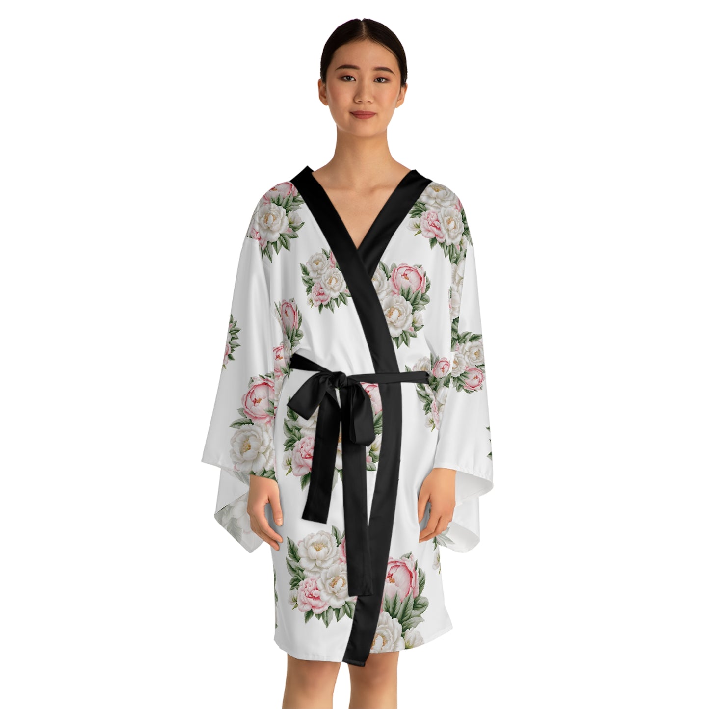 White Roses, Pink Peonies Long Sleeve Kimono Robe