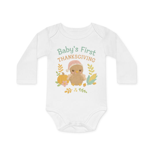Baby Bodysuit — "Baby's First Thanksgiving" Long-Sleeve Organic Onesie with Cute Turkey & Pumpkin Design