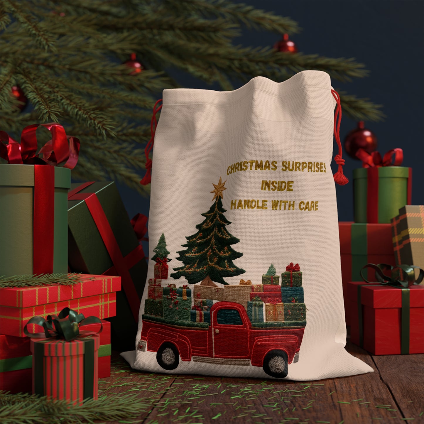 Christmas Truck Gift Bag — "Christmas Surprises Inside Handle With Care" Holiday Drawstring Bag