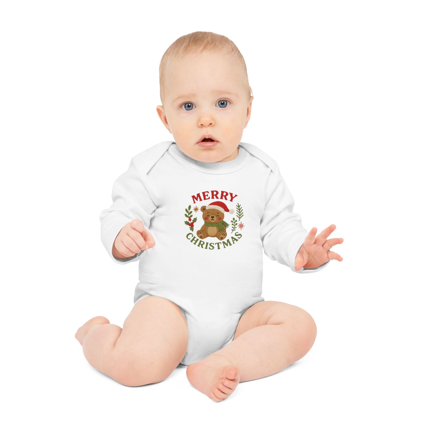 Baby Bodysuit — 'Merry Christmas' Bear Holiday Long-Sleeve Organic Onesie