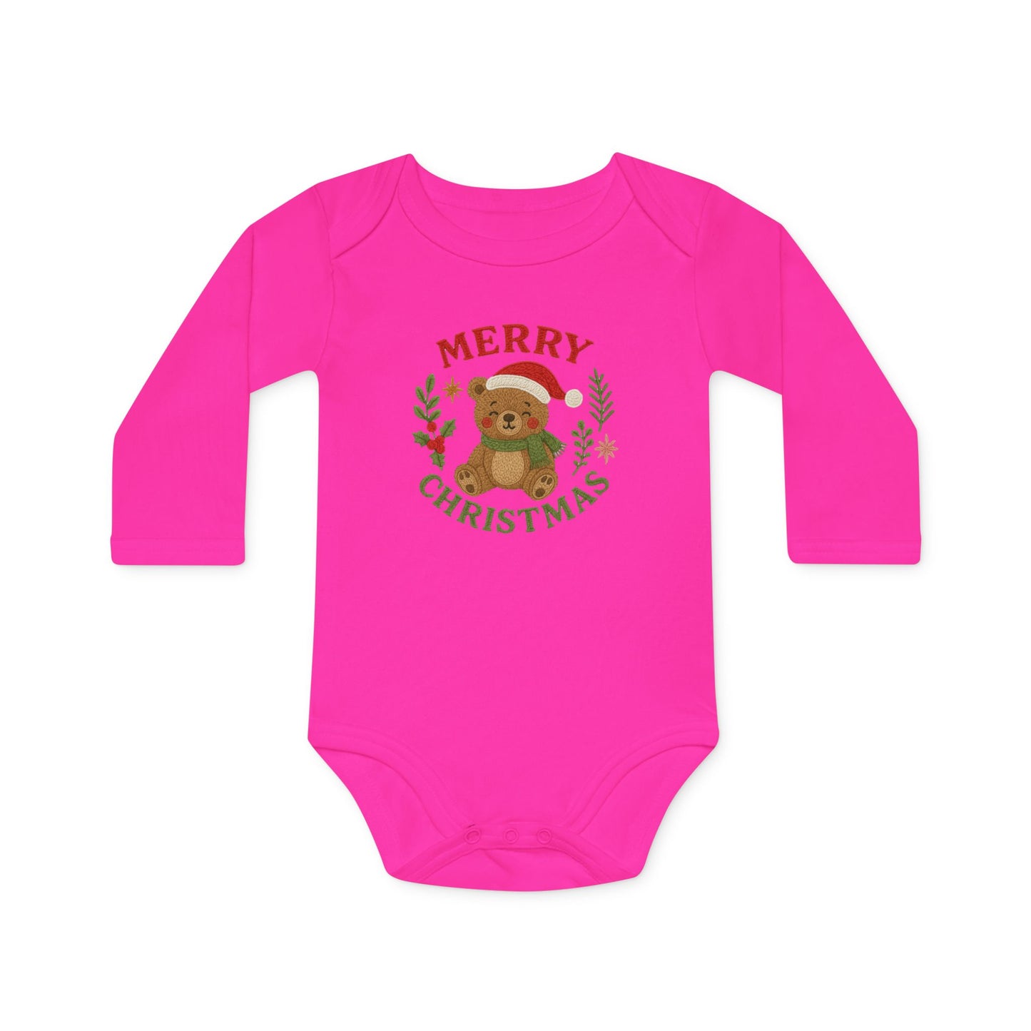 Baby Bodysuit — 'Merry Christmas' Bear Holiday Long-Sleeve Organic Onesie