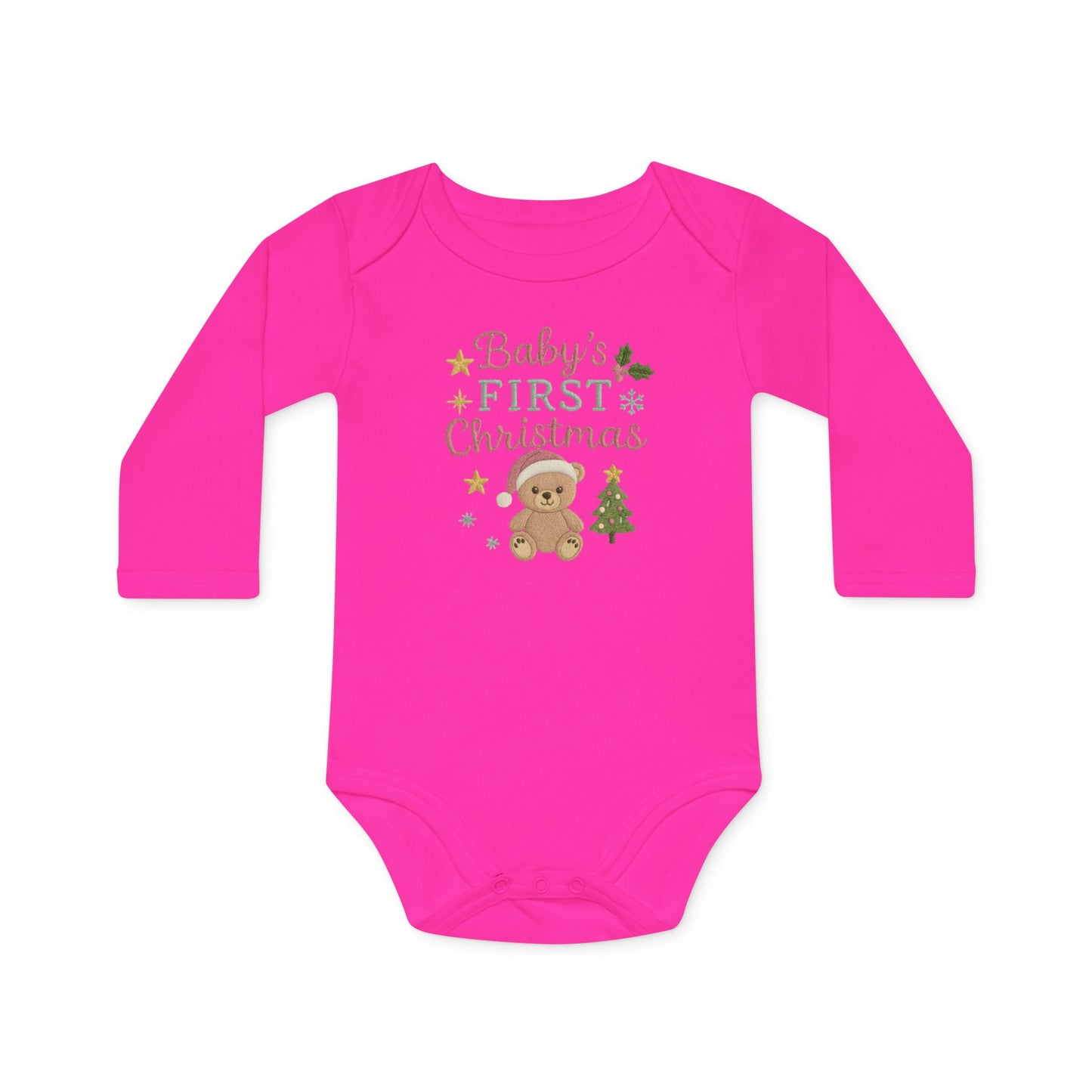 Baby Bodysuit — "Baby's First Christmas" Organic Long-Sleeve Onesie with Teddy & Tree Holiday Design