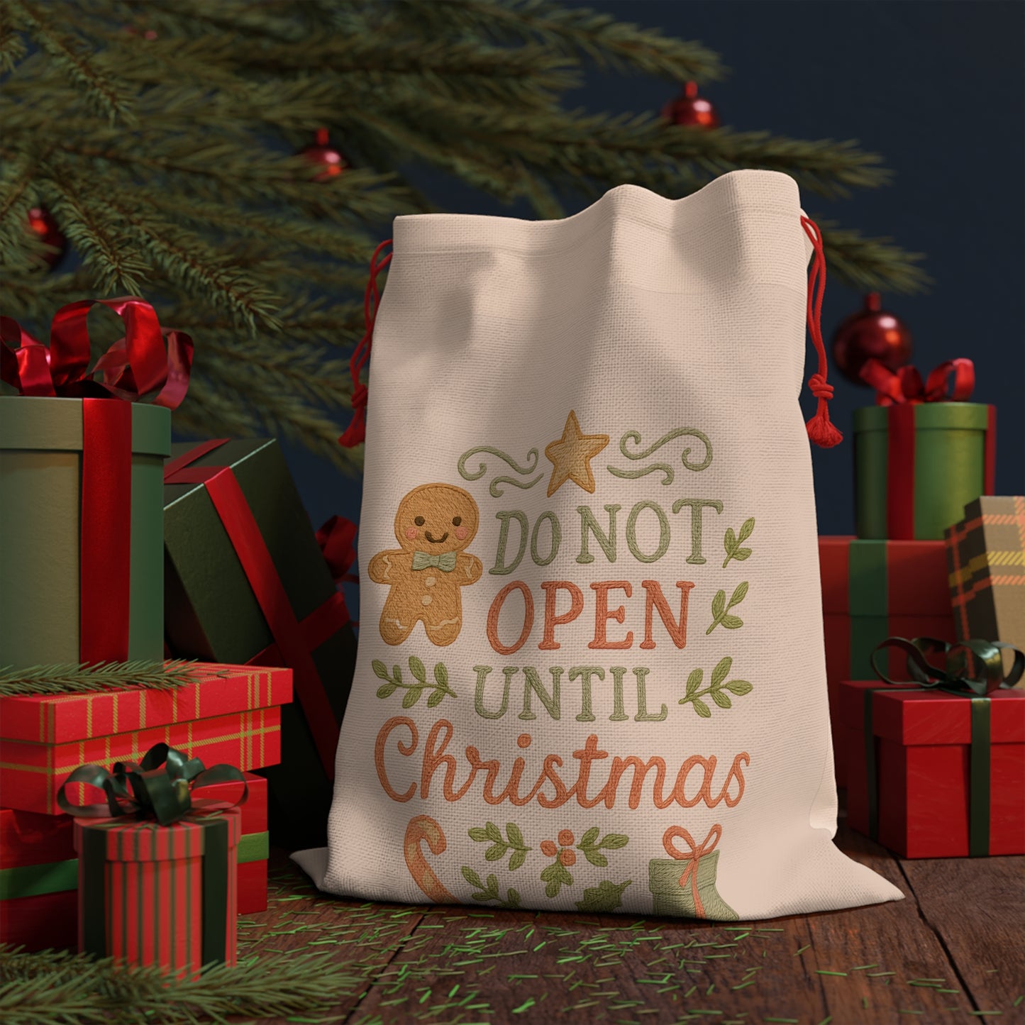 Do Not Open Until Christmas Gift Bag — Christmas Drawstring Sack with Gingerbread & Present Design