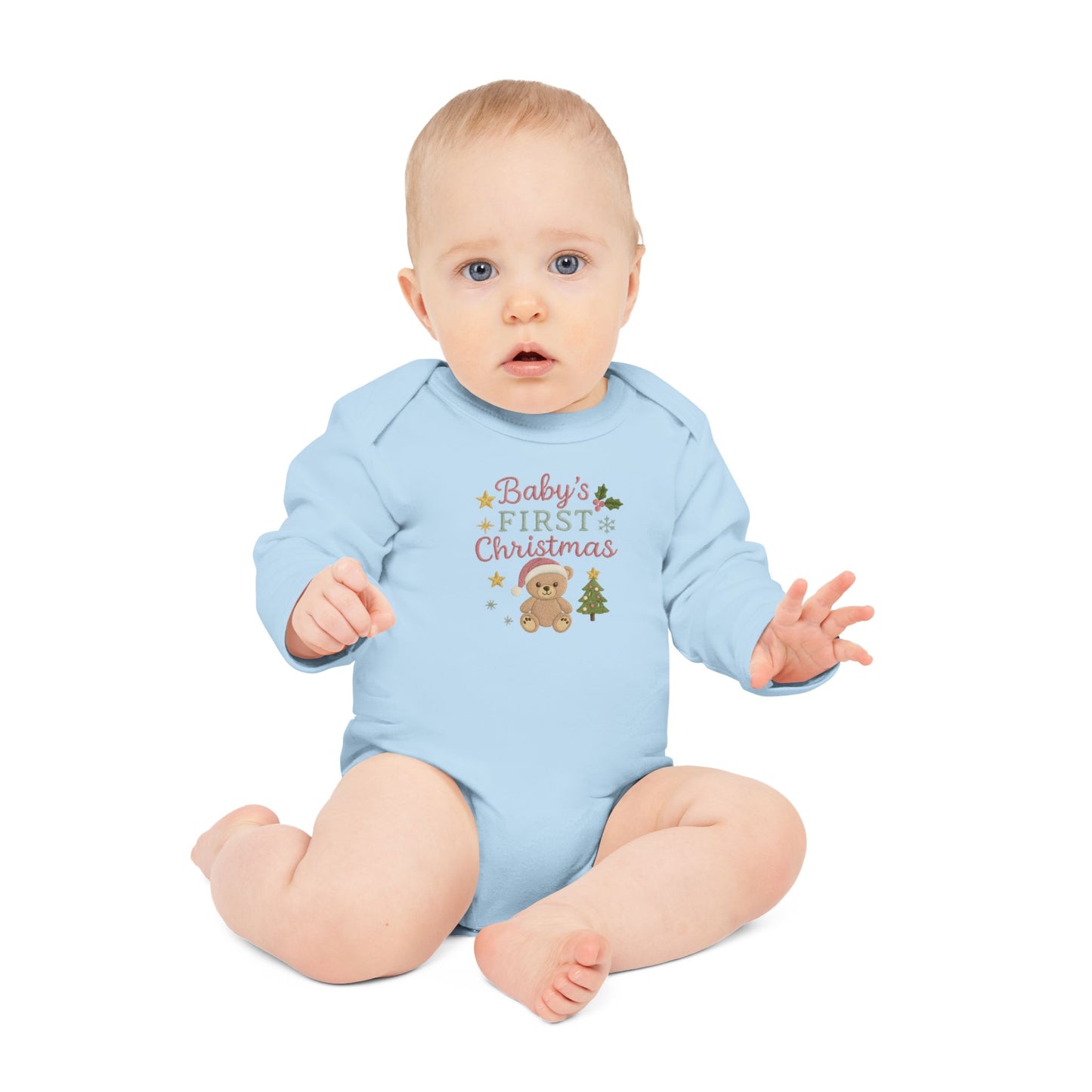Baby Bodysuit — "Baby's First Christmas" Organic Long-Sleeve Onesie with Teddy & Tree Holiday Design
