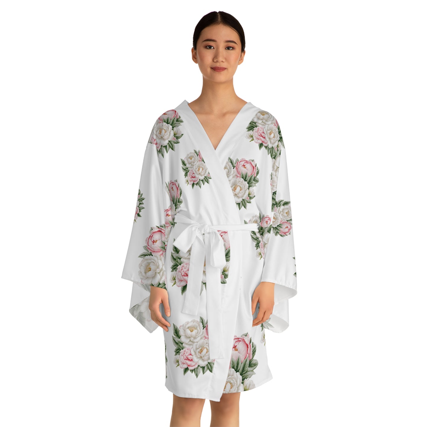 White Roses, Pink Peonies Long Sleeve Kimono Robe