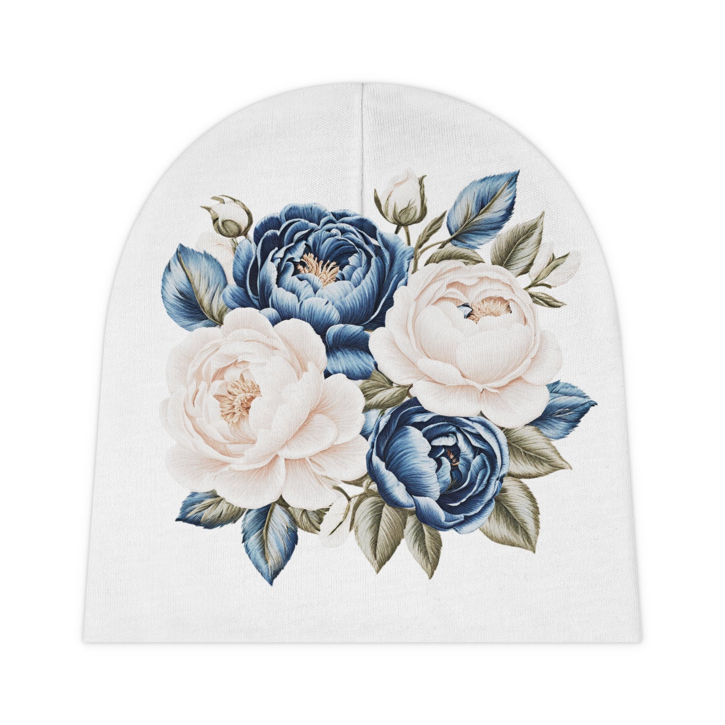 Cream and Blue Roses Baby Beanie