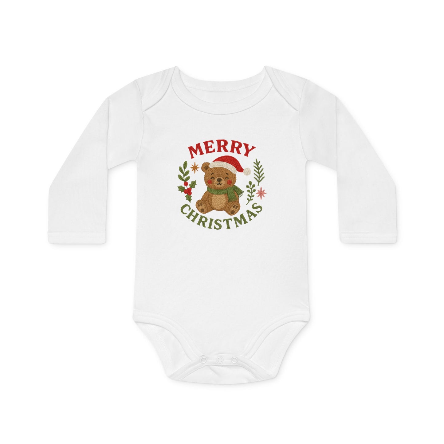 Baby Bodysuit — 'Merry Christmas' Bear Holiday Long-Sleeve Organic Onesie