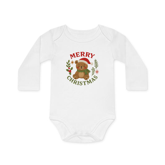 Baby Bodysuit — 'Merry Christmas' Bear Holiday Long-Sleeve Organic Onesie