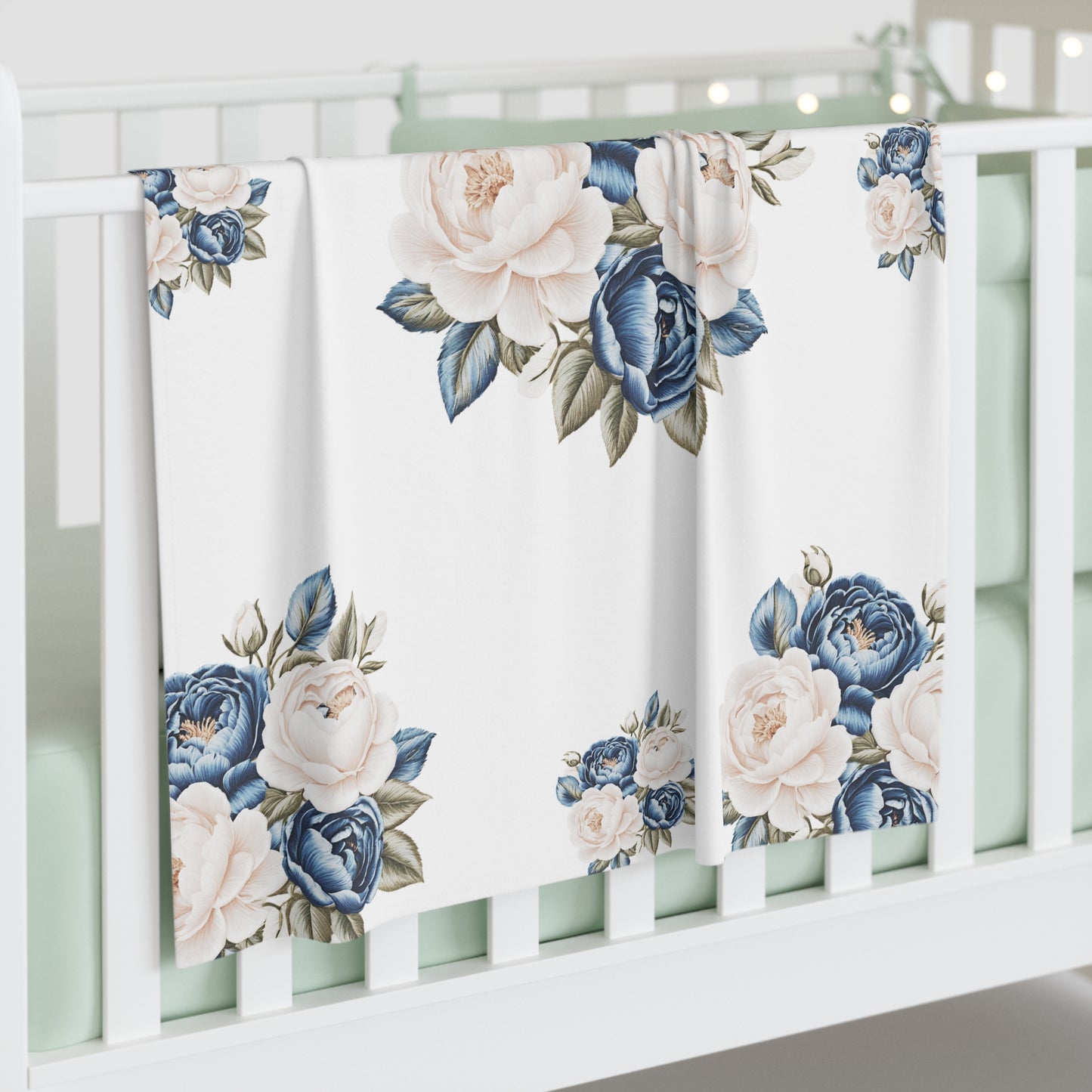 Cream and Blue Roses Baby Swaddle Blanket