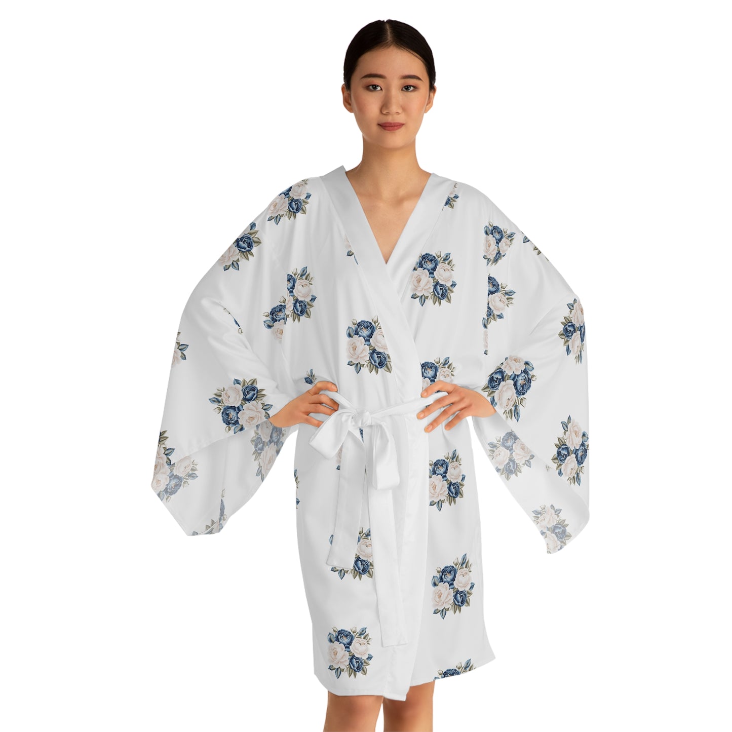 Cream and Blue Matching Long Sleeve Kimono Robe