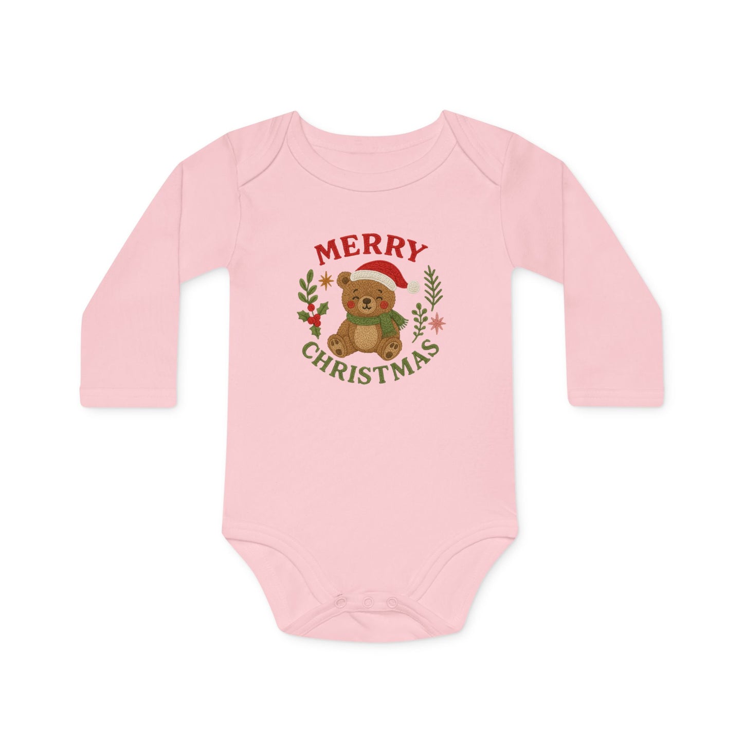 Baby Bodysuit — 'Merry Christmas' Bear Holiday Long-Sleeve Organic Onesie
