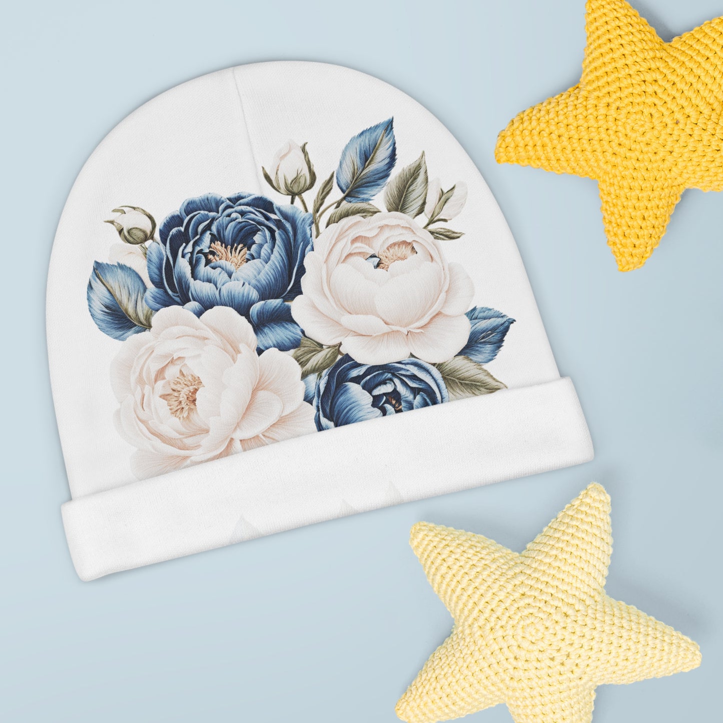 Cream and Blue Roses Baby Beanie