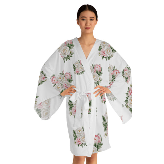 White Roses, Pink Peonies Long Sleeve Kimono Robe