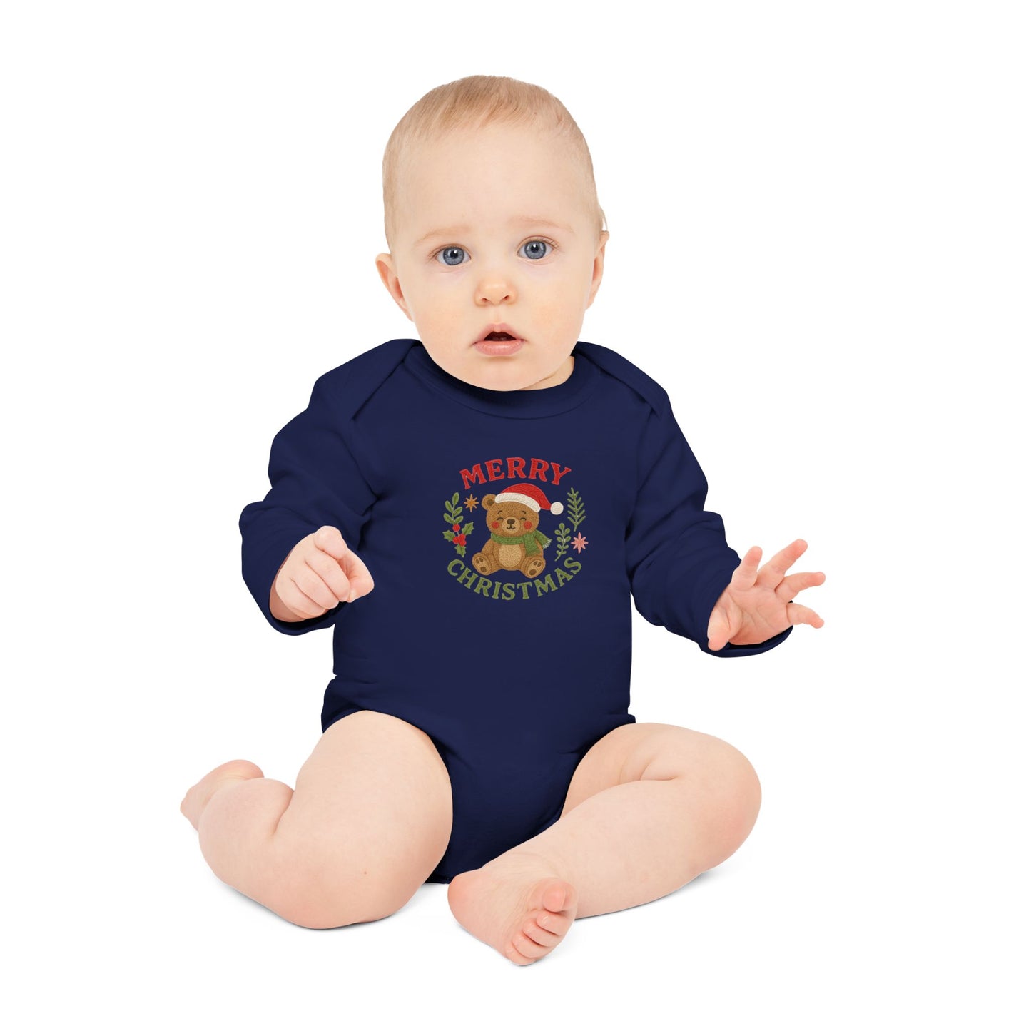 Baby Bodysuit — 'Merry Christmas' Bear Holiday Long-Sleeve Organic Onesie