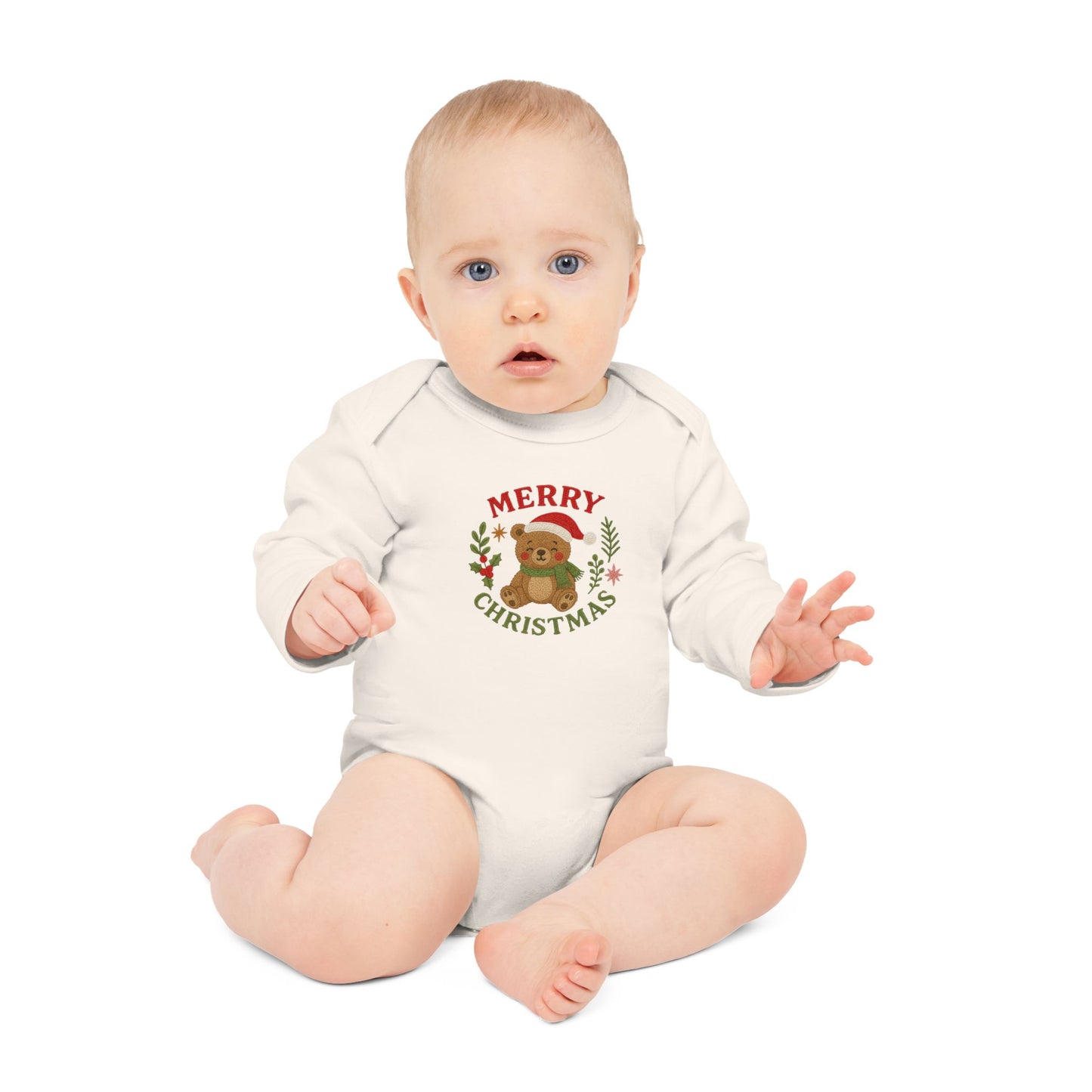 Baby Bodysuit — 'Merry Christmas' Bear Holiday Long-Sleeve Organic Onesie