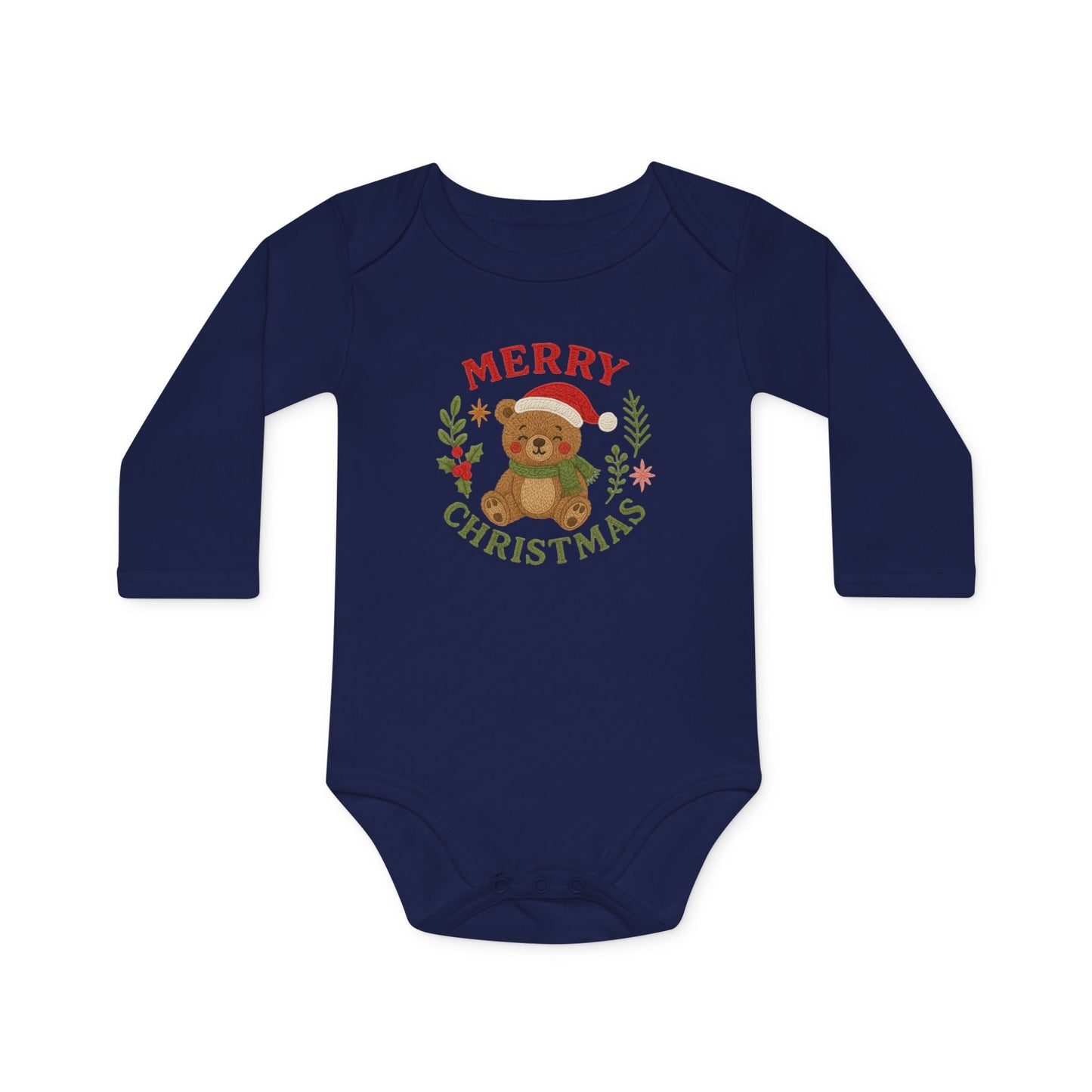 Baby Bodysuit — 'Merry Christmas' Bear Holiday Long-Sleeve Organic Onesie