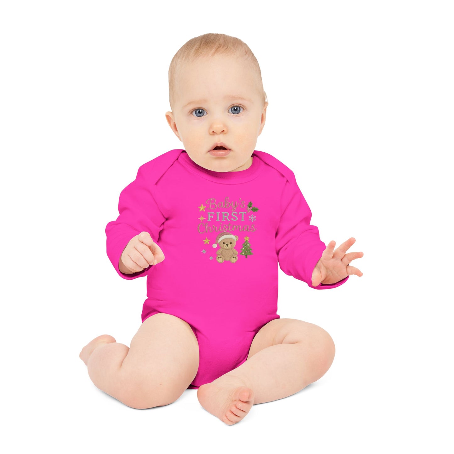 Baby Bodysuit — "Baby's First Christmas" Organic Long-Sleeve Onesie with Teddy & Tree Holiday Design