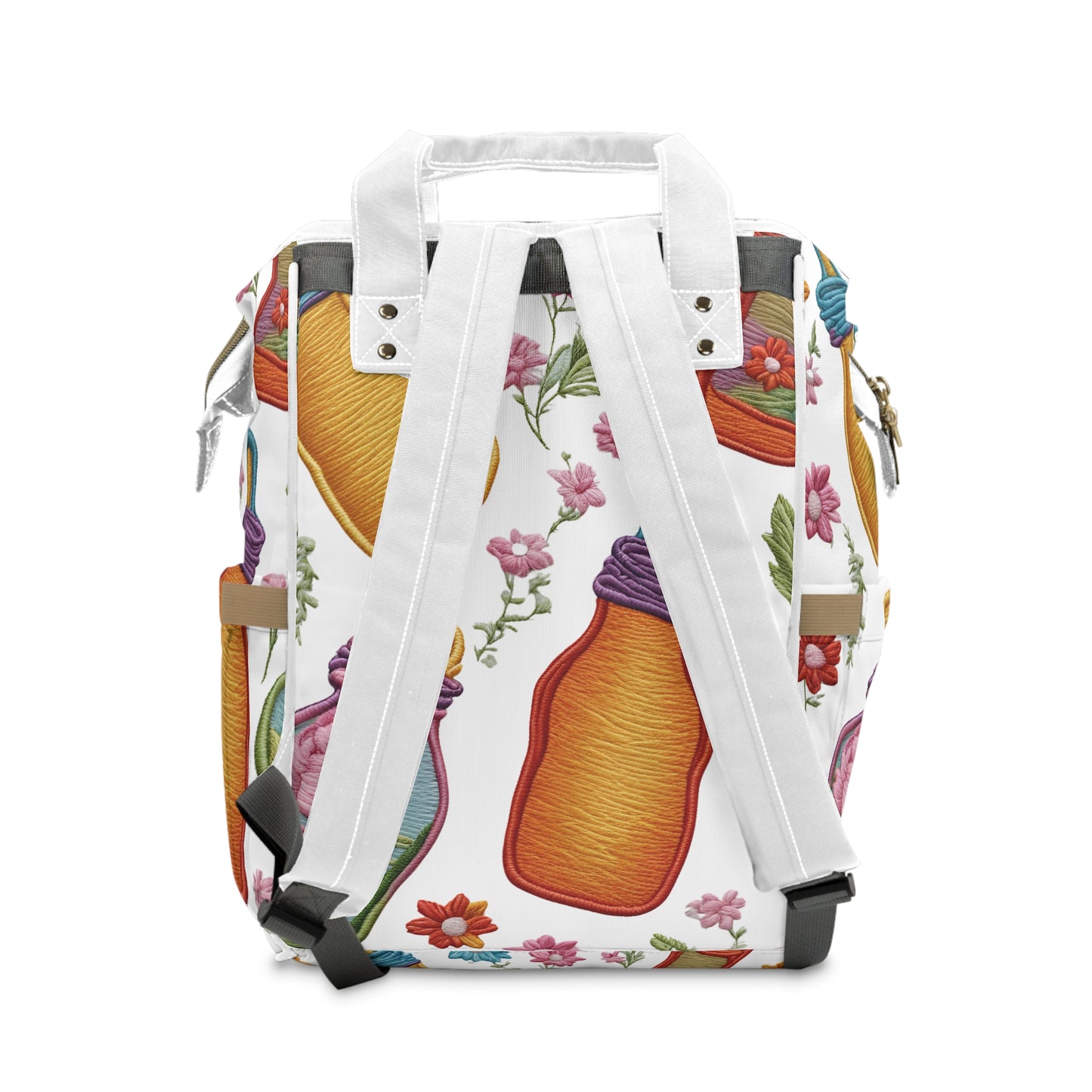 Whimsical Milk Bottles and Flowers Multifunctional Diaper Backpack