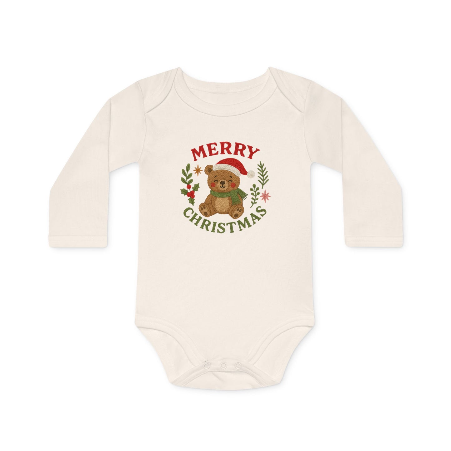 Baby Bodysuit — 'Merry Christmas' Bear Holiday Long-Sleeve Organic Onesie