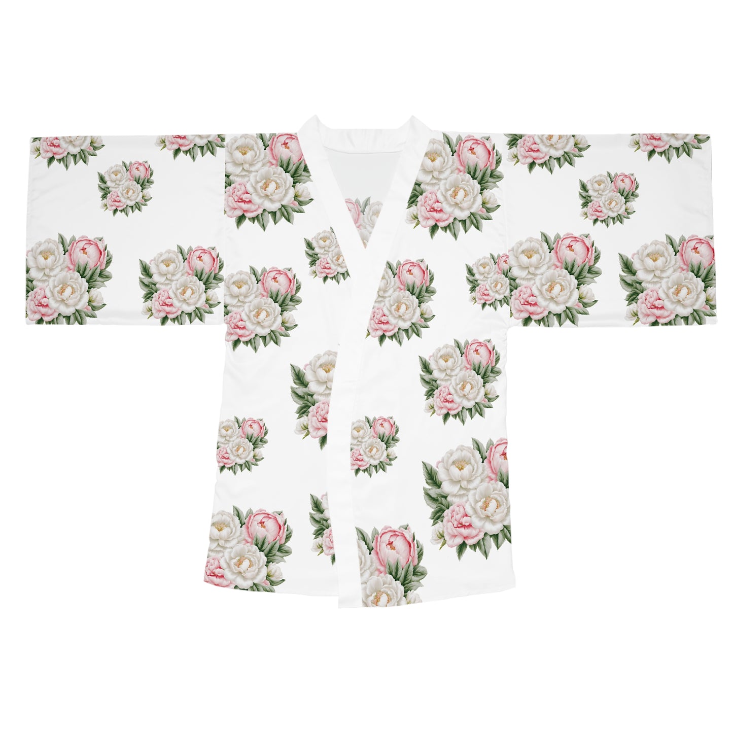 White Roses, Pink Peonies Long Sleeve Kimono Robe