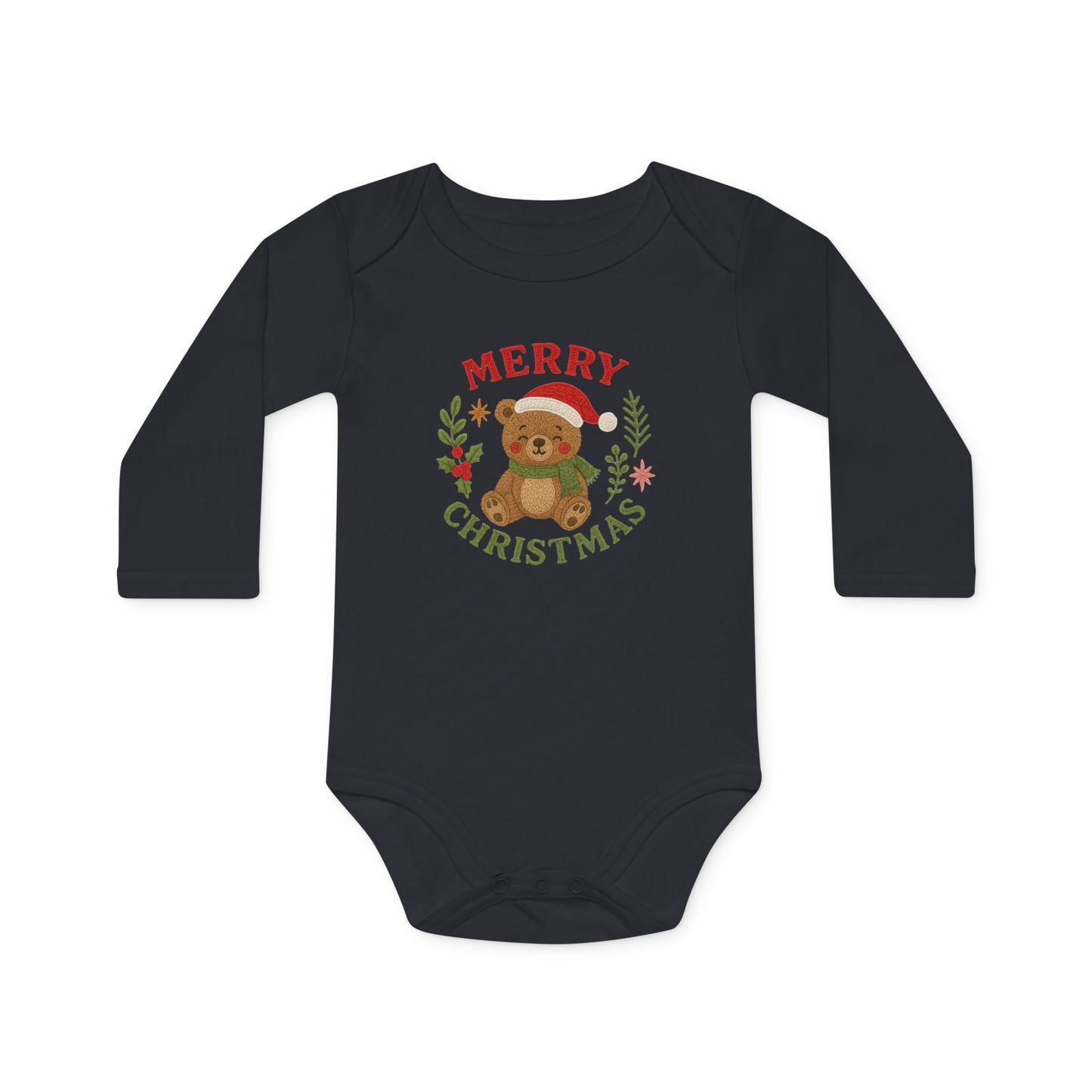 Baby Bodysuit — 'Merry Christmas' Bear Holiday Long-Sleeve Organic Onesie