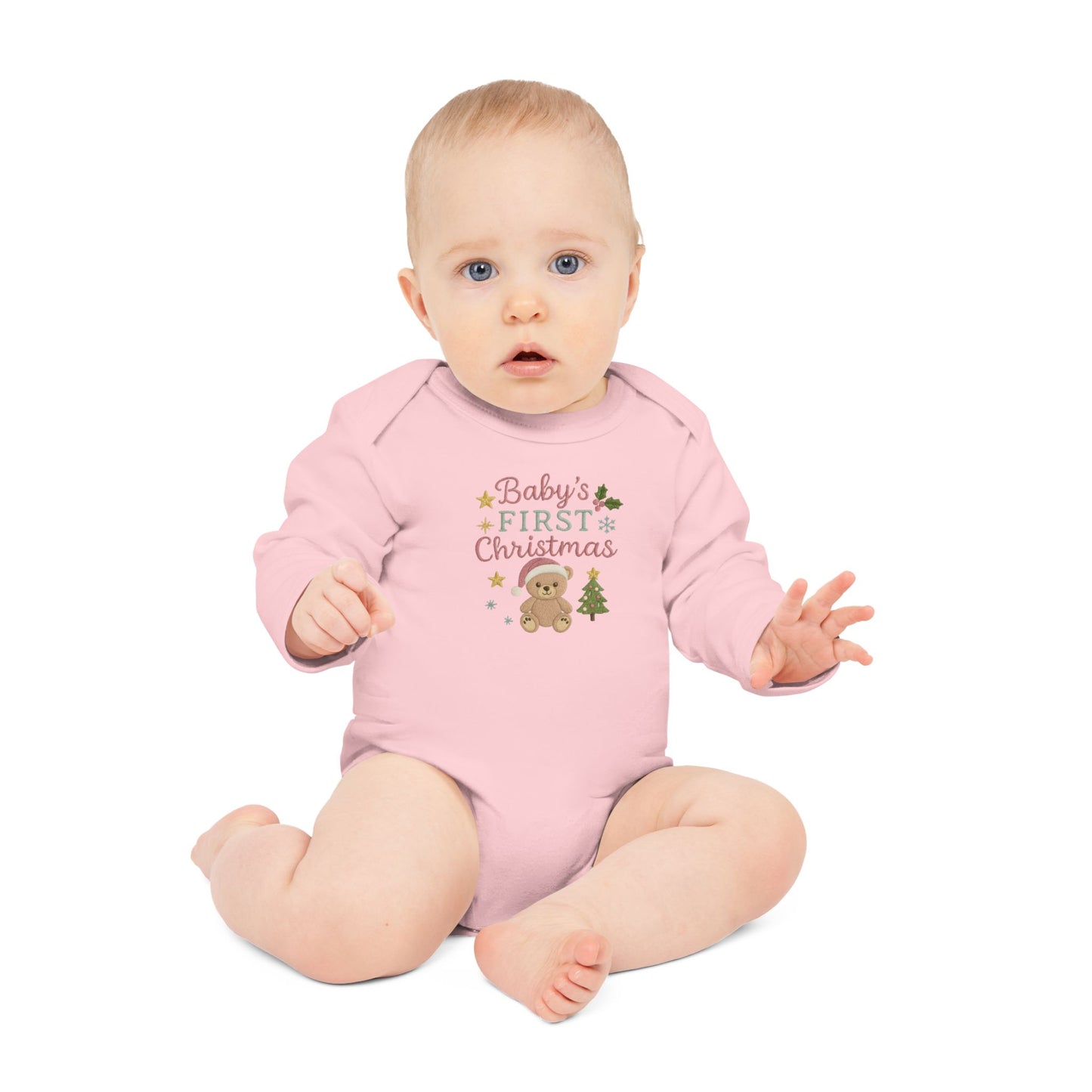 Baby Bodysuit — "Baby's First Christmas" Organic Long-Sleeve Onesie with Teddy & Tree Holiday Design
