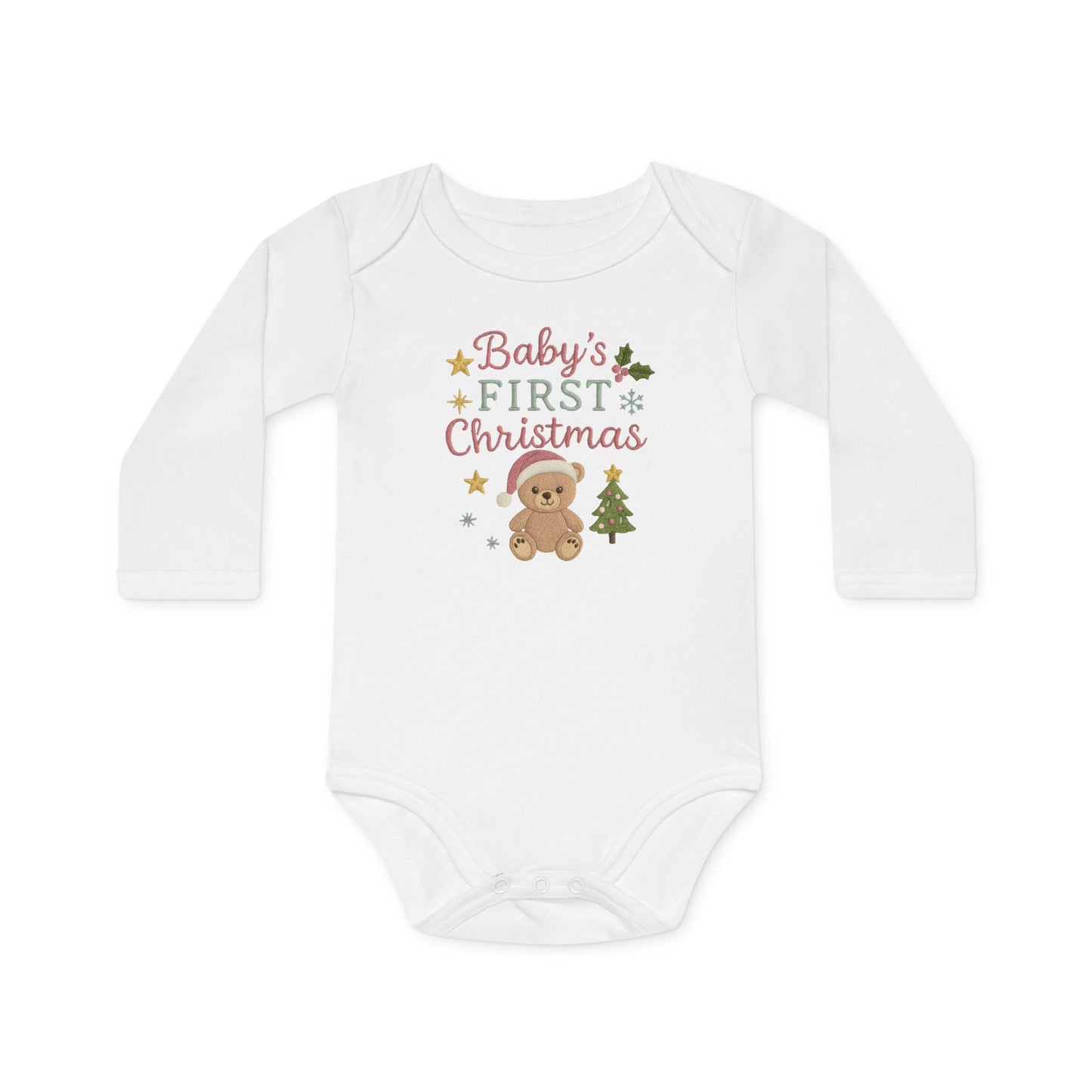 Baby Bodysuit — "Baby's First Christmas" Organic Long-Sleeve Onesie with Teddy & Tree Holiday Design