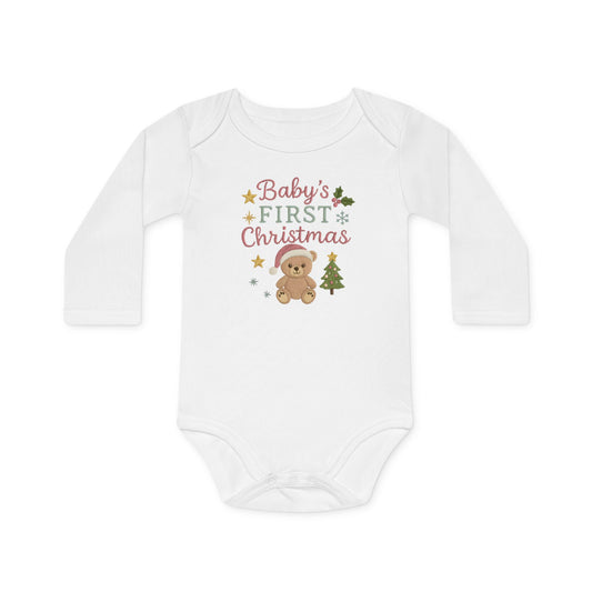 Baby Bodysuit — "Baby's First Christmas" Organic Long-Sleeve Onesie with Teddy & Tree Holiday Design