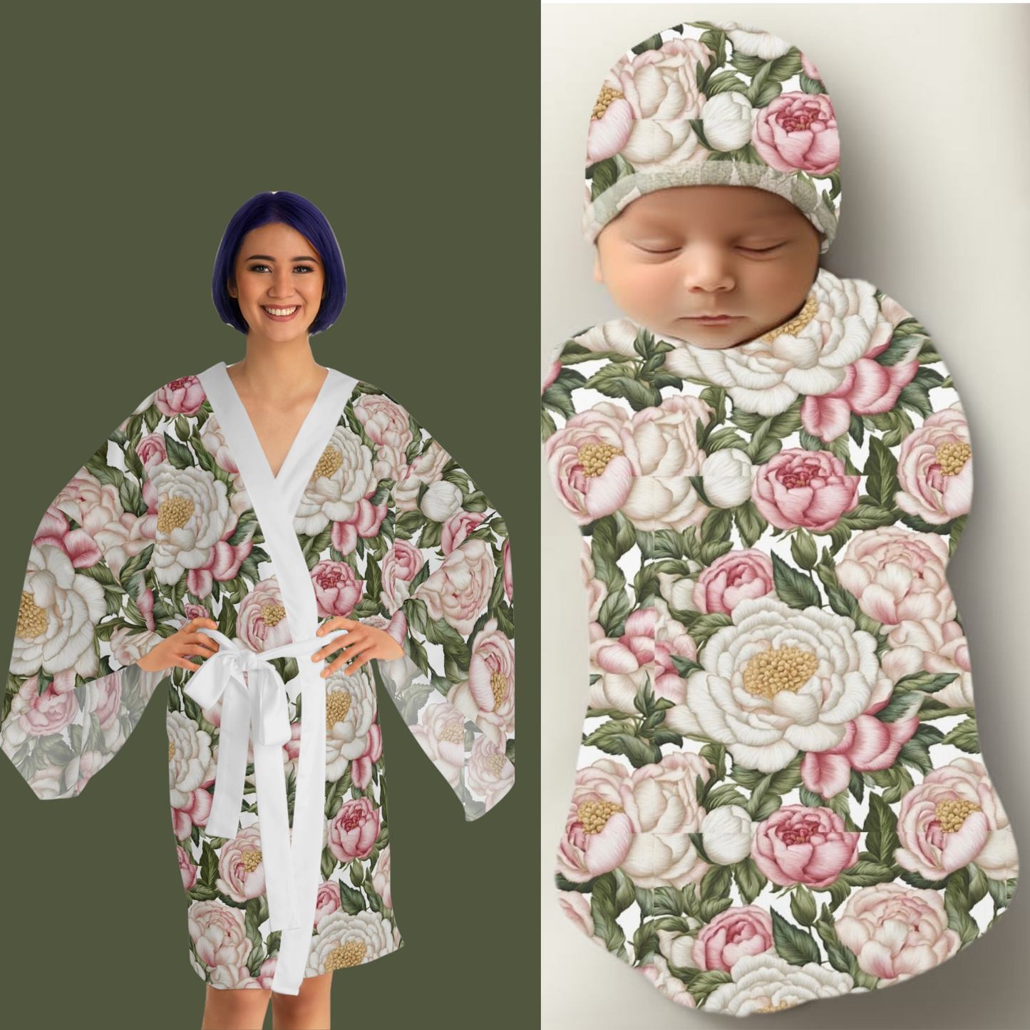 Roses, Flowers and Peonies Matching Long Sleeve Kimono Robe