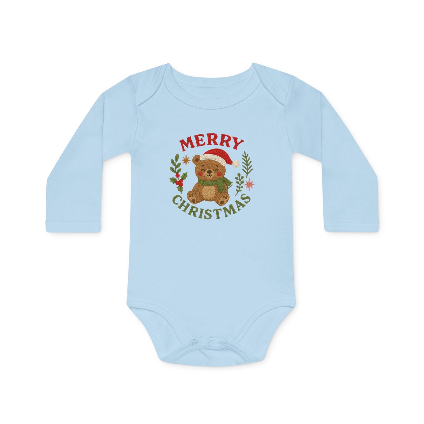 Baby Bodysuit — 'Merry Christmas' Bear Holiday Long-Sleeve Organic Onesie