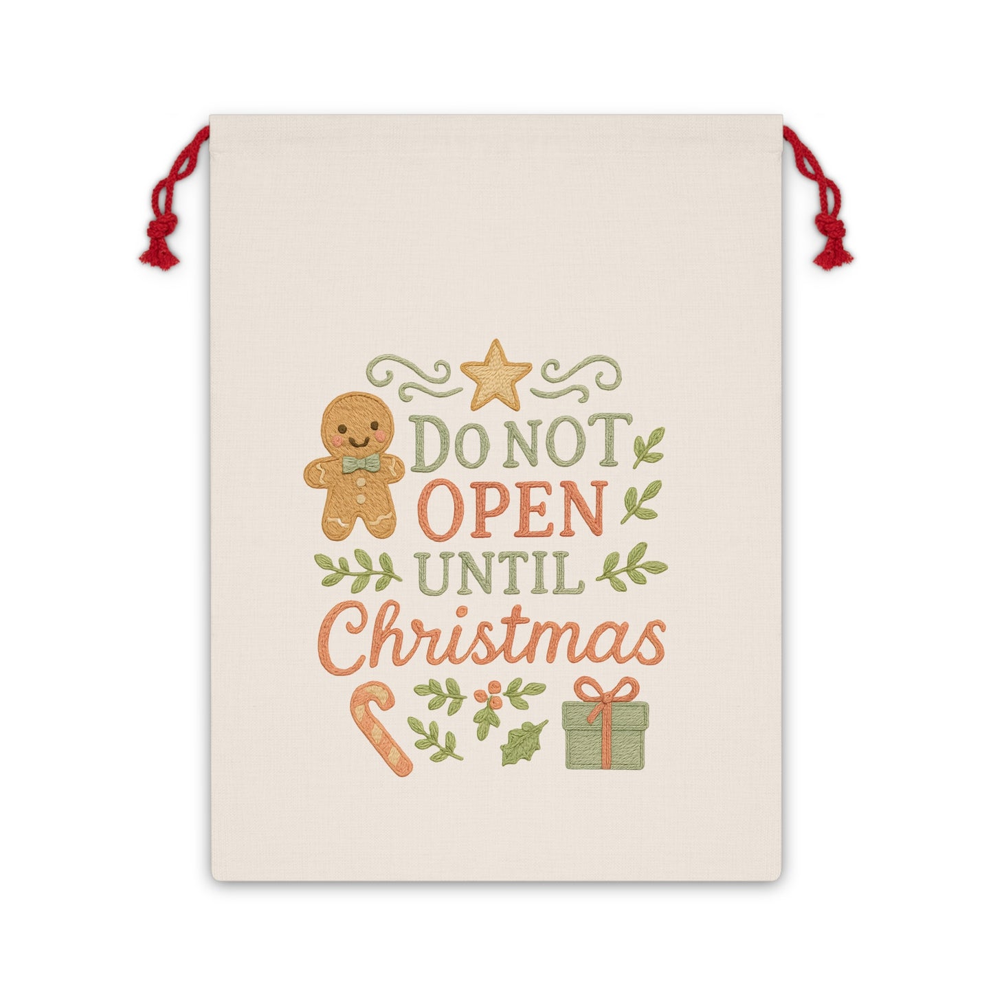 Do Not Open Until Christmas Gift Bag — Christmas Drawstring Sack with Gingerbread & Present Design