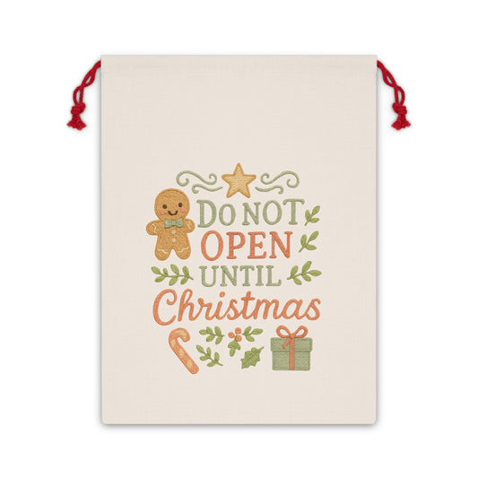 Do Not Open Until Christmas Gift Bag — Christmas Drawstring Sack with Gingerbread & Present Design