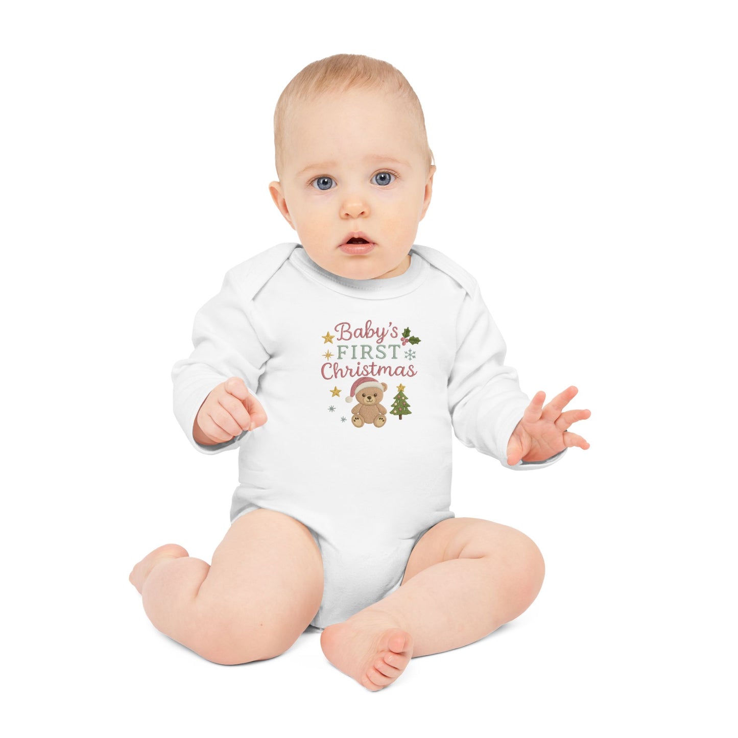 Baby Bodysuit — "Baby's First Christmas" Organic Long-Sleeve Onesie with Teddy & Tree Holiday Design