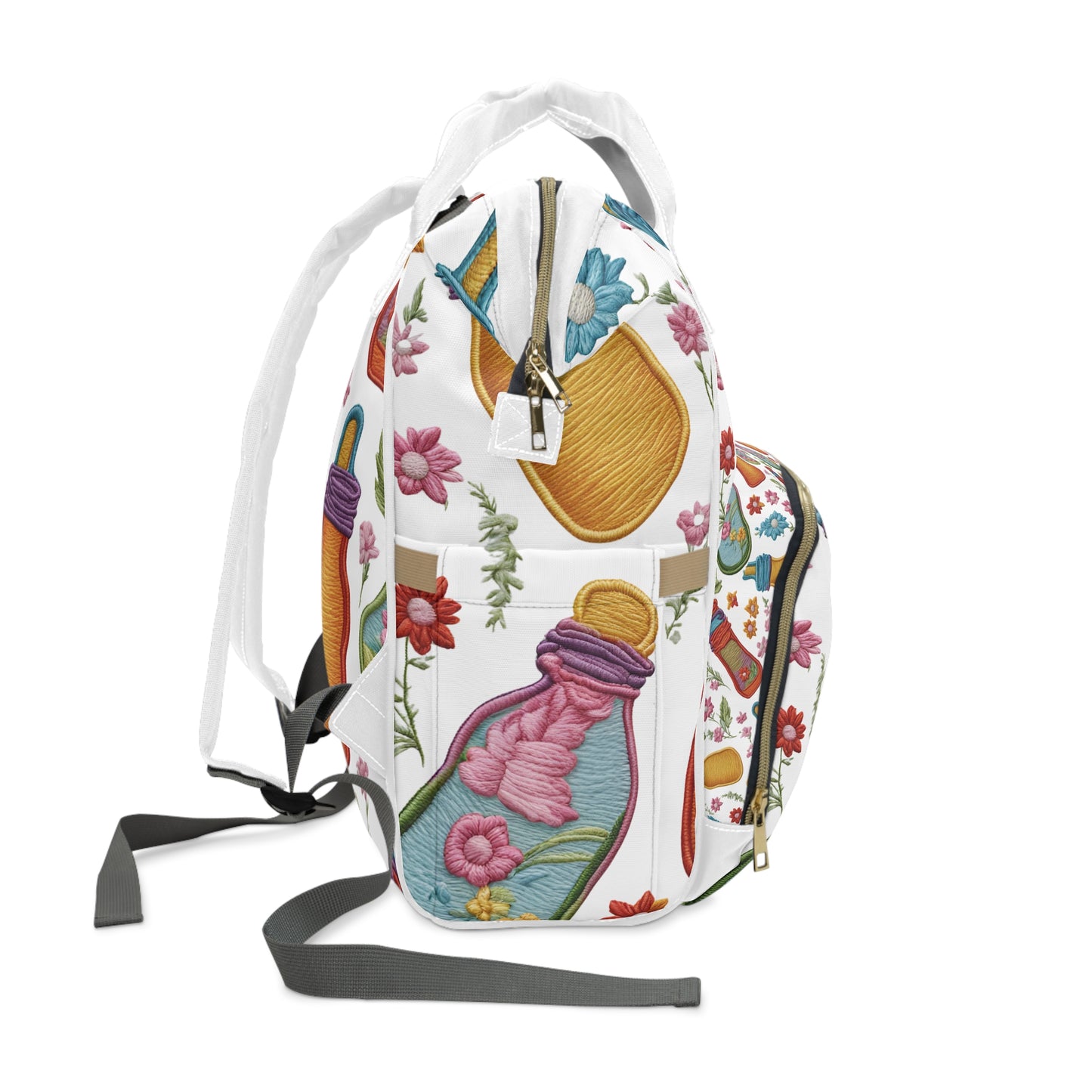 Whimsical Milk Bottles and Flowers Multifunctional Diaper Backpack