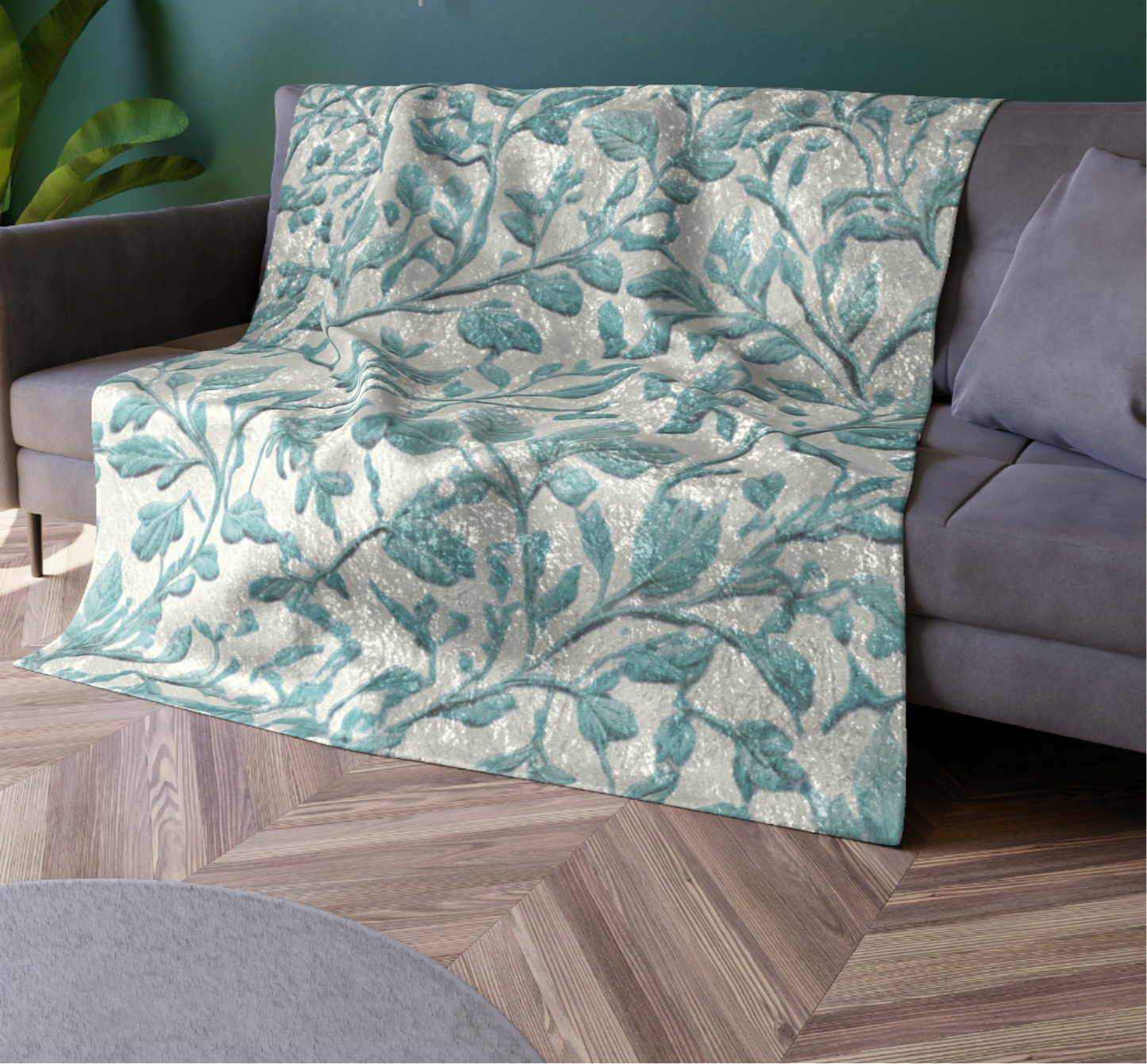 Light Blue Foliage Crushed Velvet Blanket