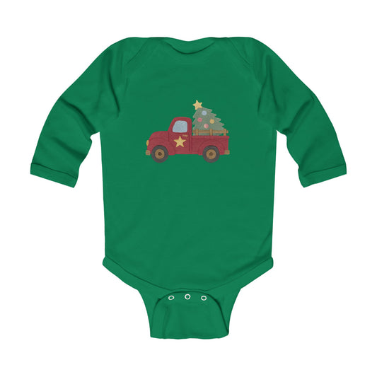 Baby Bodysuit — Red Truck with Christmas Tree Holiday Onesie