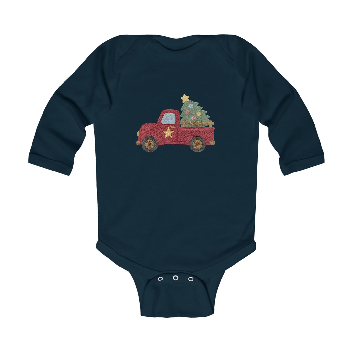 Baby Bodysuit — Red Truck with Christmas Tree Holiday Onesie