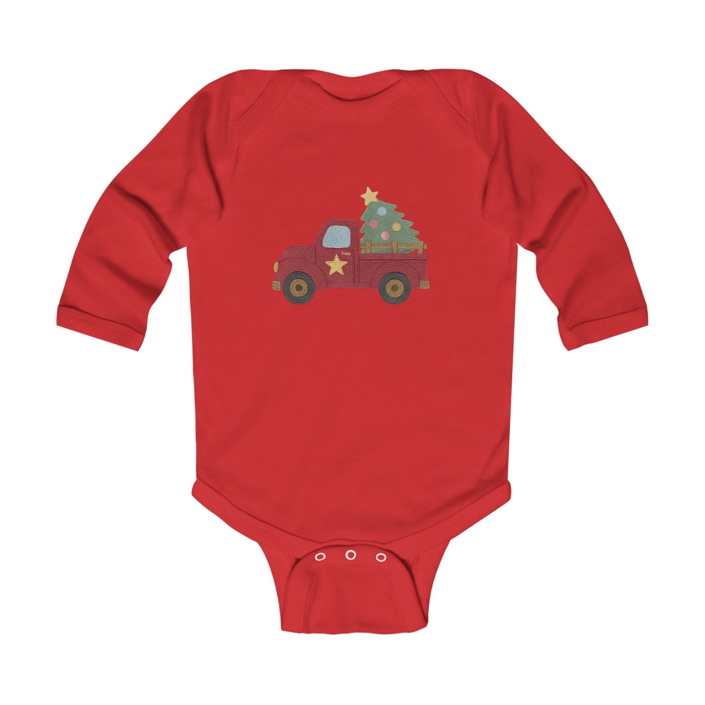Baby Bodysuit — Red Truck with Christmas Tree Holiday Onesie